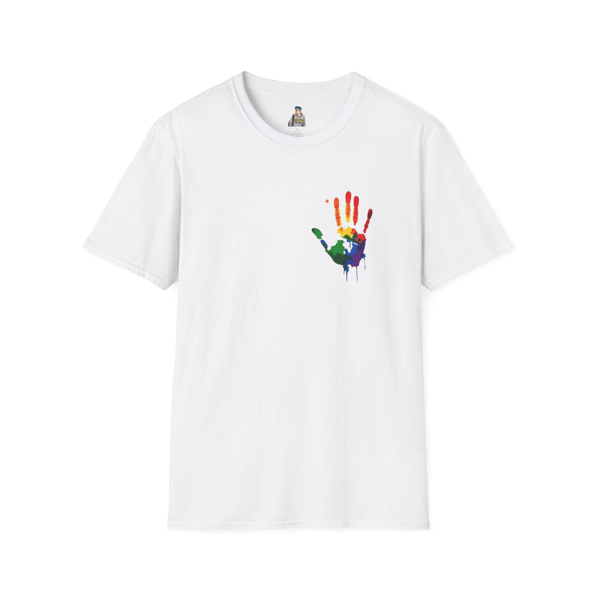 Inclusive Art Unisex Softstyle T-Shirt – ‘ Rainbow Handprint We All Belong’