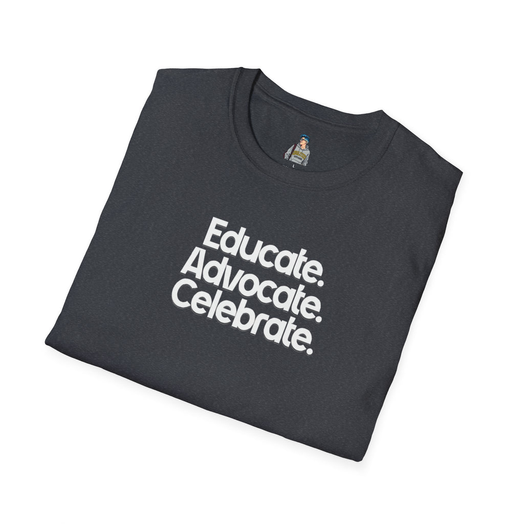 Educate. Advocate. Celebrate. Minimalist Pride T-Shirt - EqualiTees.Me