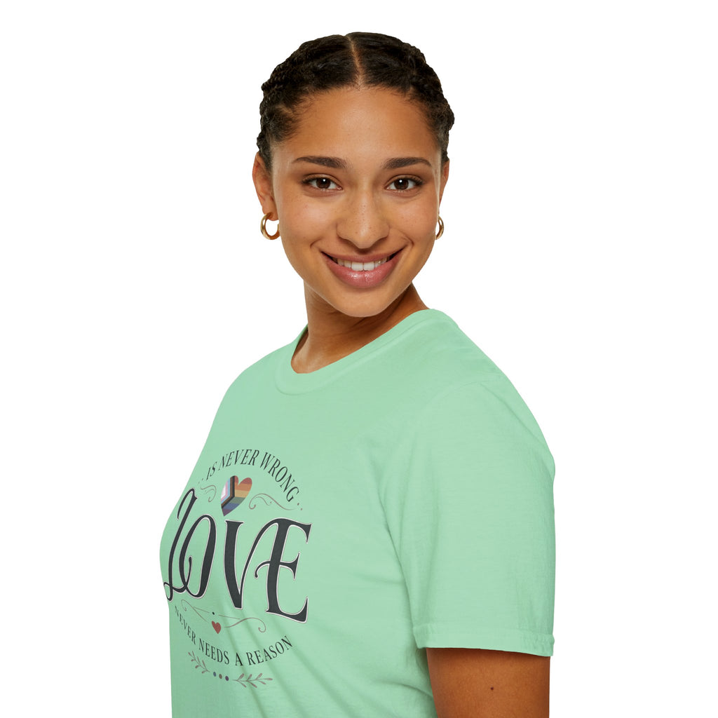 Love Is Never Wrong T-Shirt — LGBTQ+ Pride Heart Tee