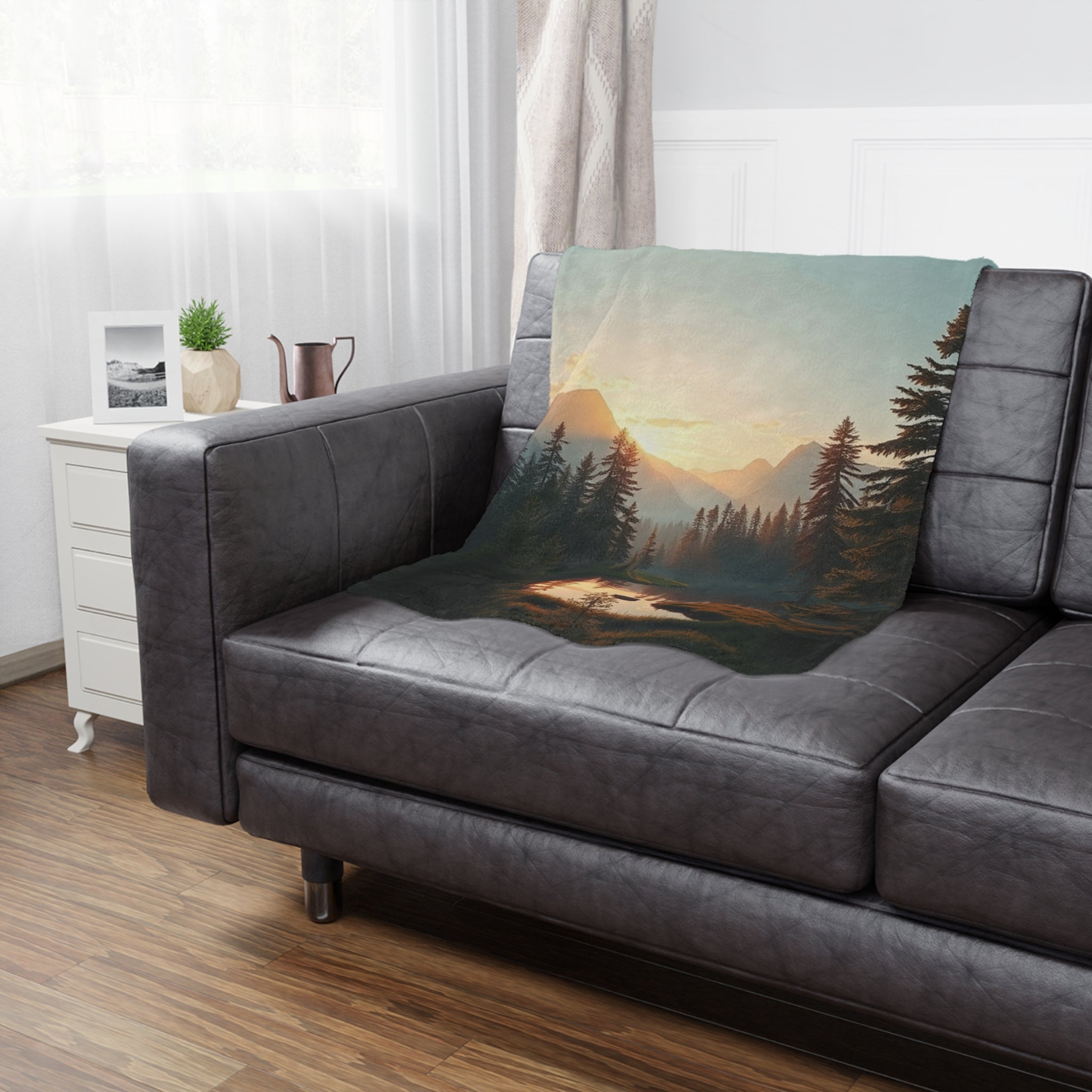 Serene Lake & Mountain Scene Microfiber Blanket