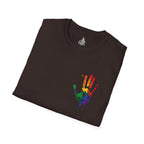 Inclusive Art Unisex Softstyle T-Shirt – ‘ Rainbow Handprint We All Belong’