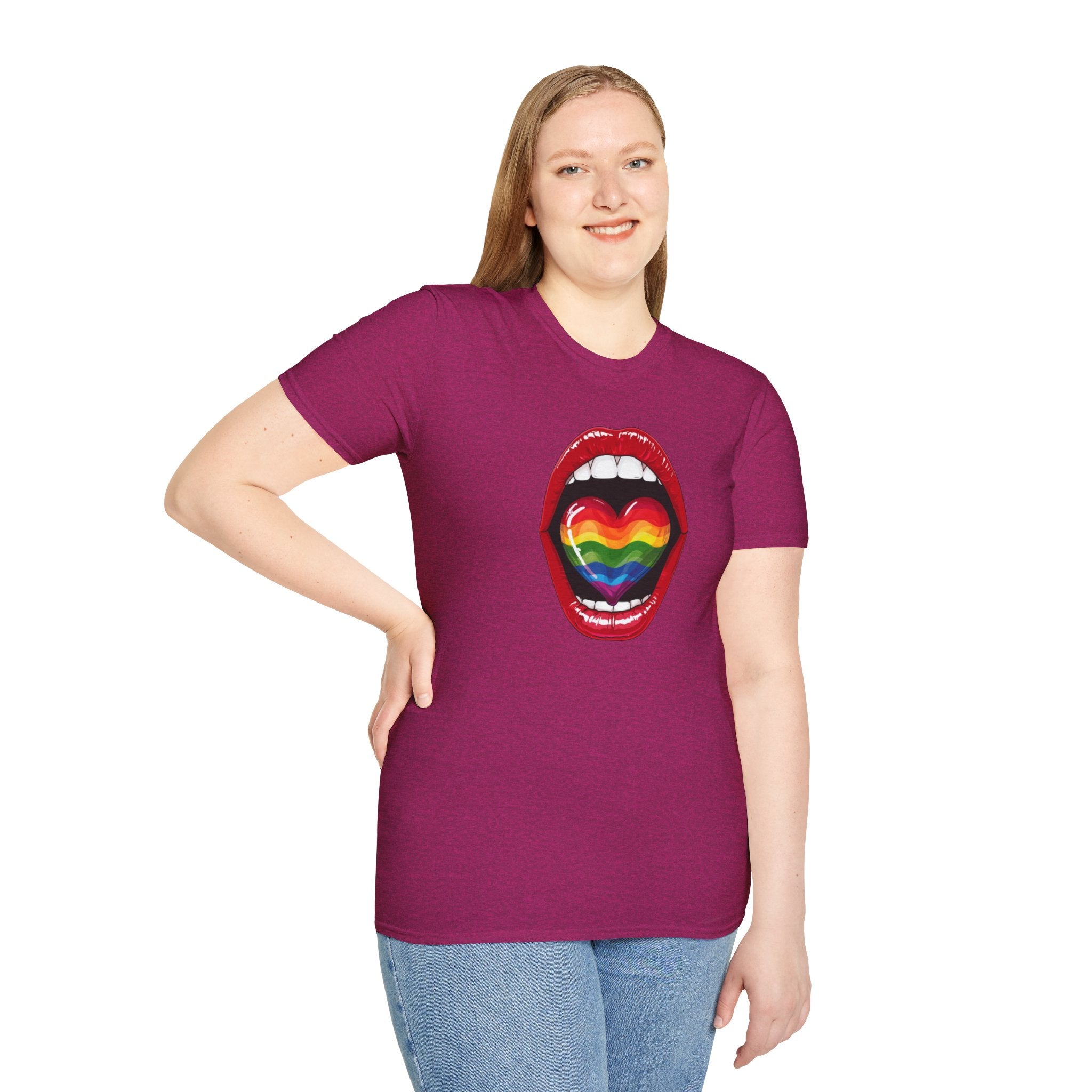 Pride Love Unisex Softstyle T-Shirt | LGBTQ+ Rainbow Heart Design