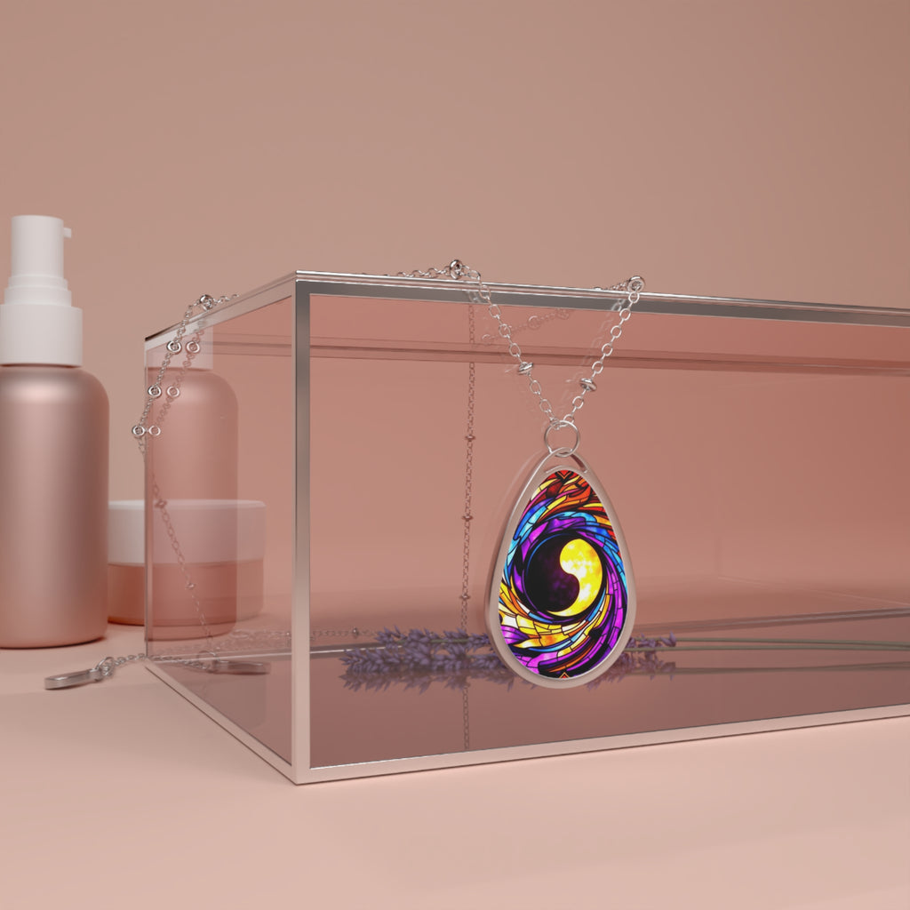 Stained Glass Oval Necklace — Colorful Swirl Pendant