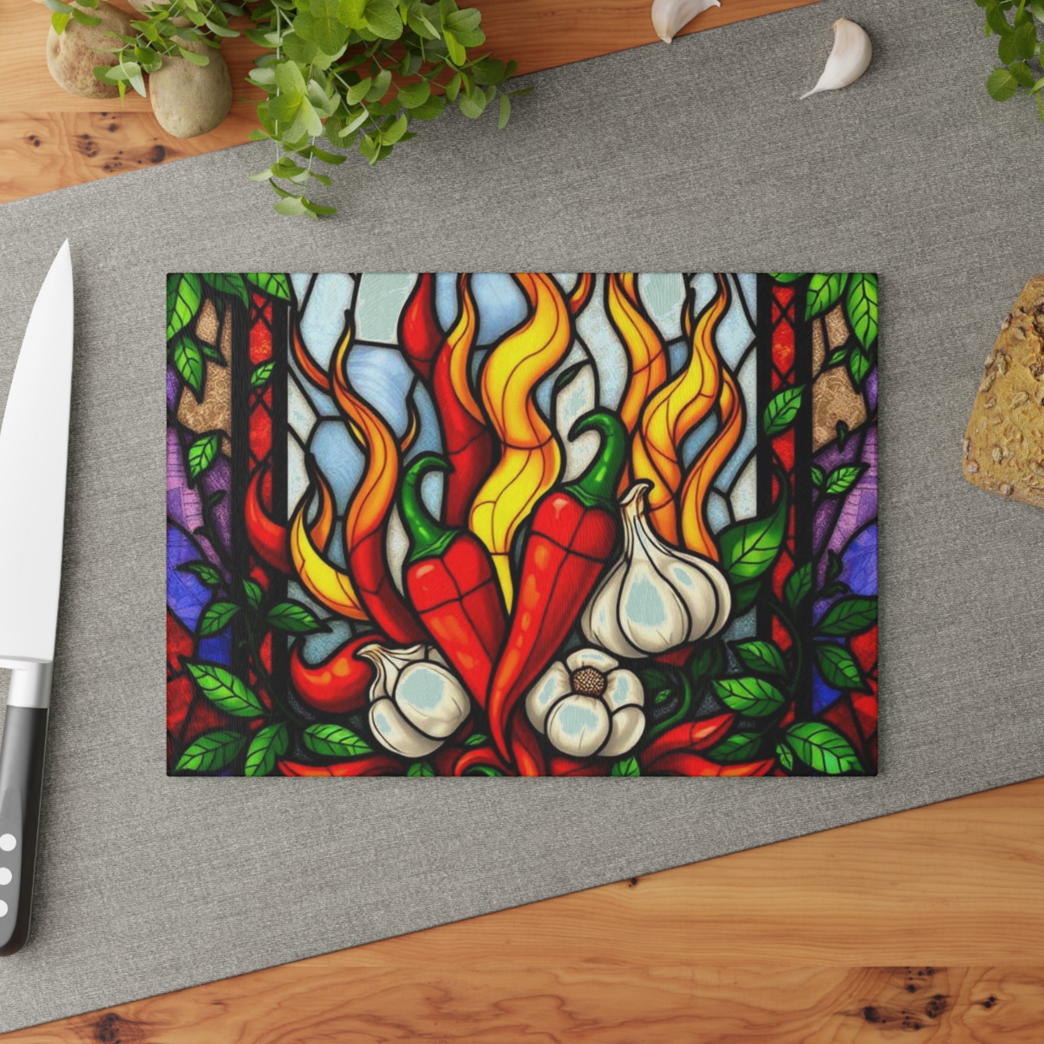 Stained Glass Chili & Garlic Cutting Board - Colorful Kitchen Decor for Culinary Enthusiasts