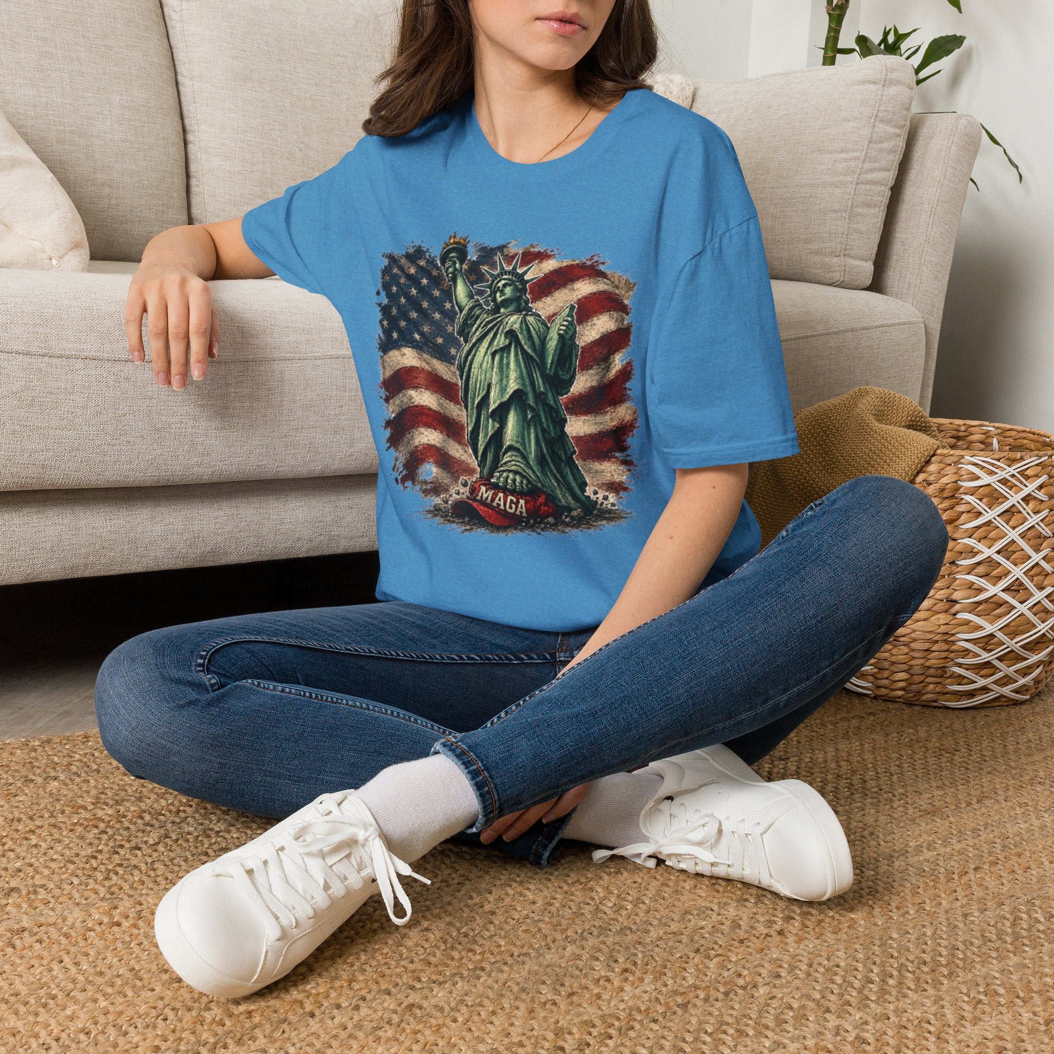 Statue of Liberty Stepping on MAGA American Flag T-Shirt — Patriotic USA Independence Day Tee