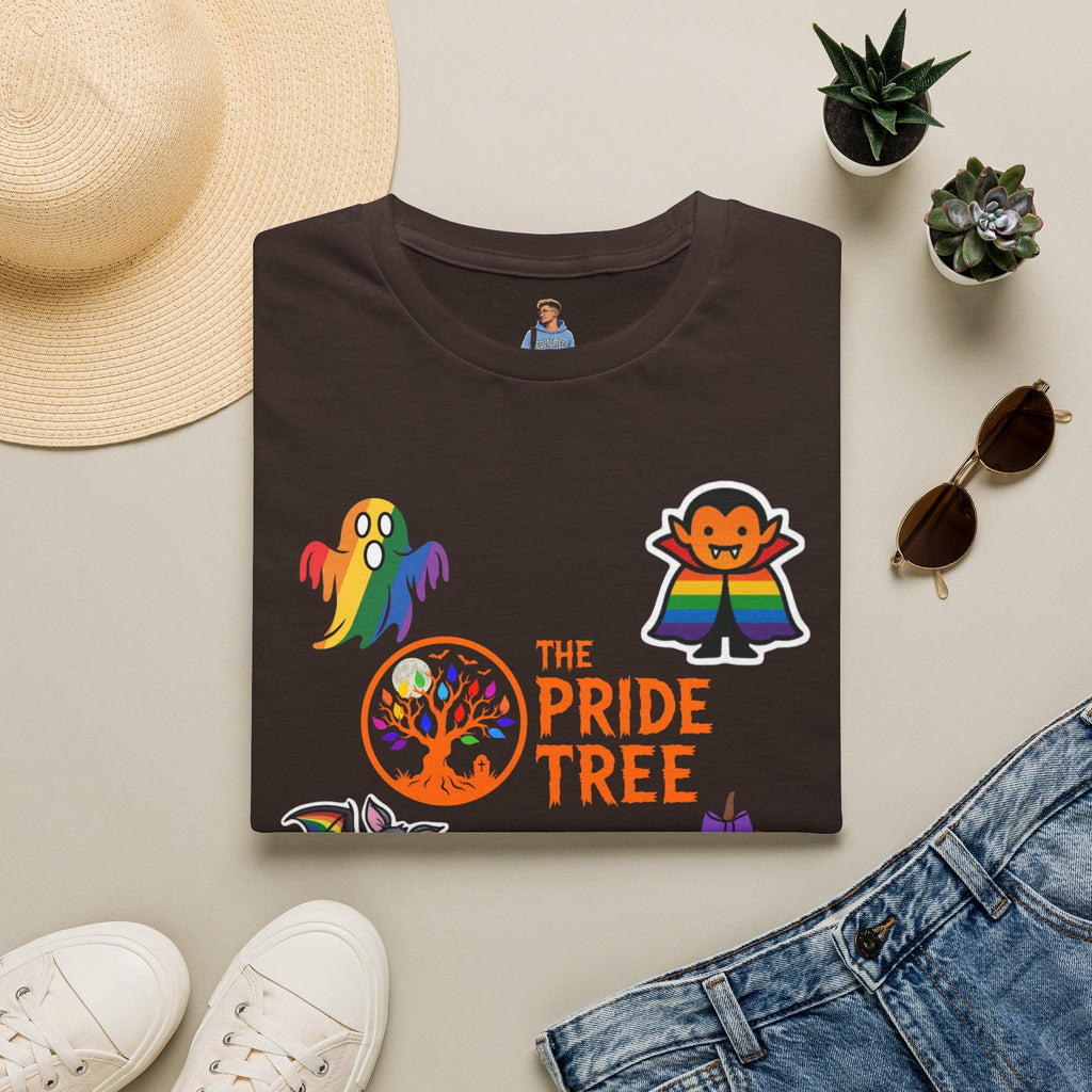 The Pride Tree Halloween T‑Shirt — Rainbow Ghosts, Pumpkins & Bat Graphic Tee