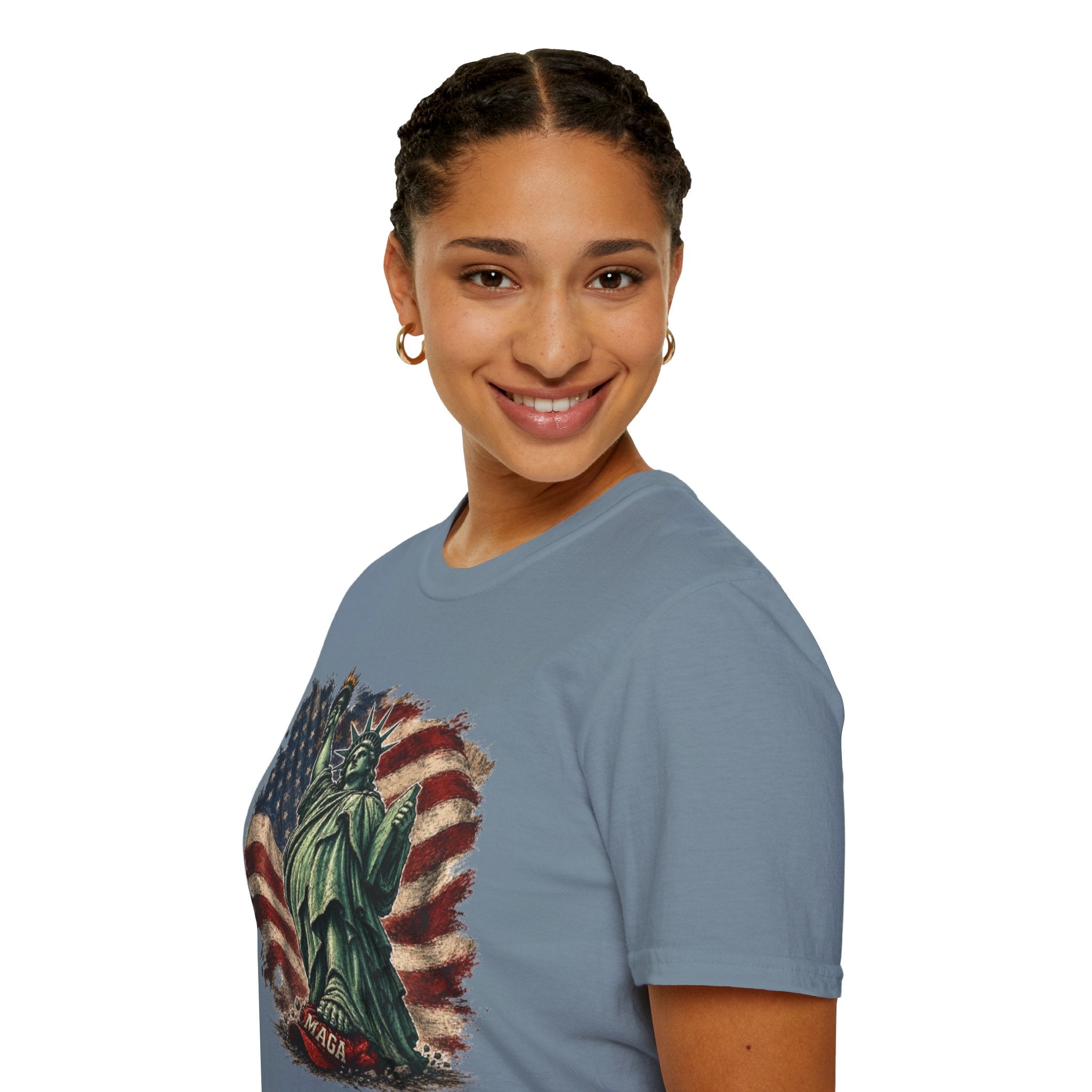 Statue of Liberty Stepping on MAGA American Flag T-Shirt — Patriotic USA Independence Day Tee
