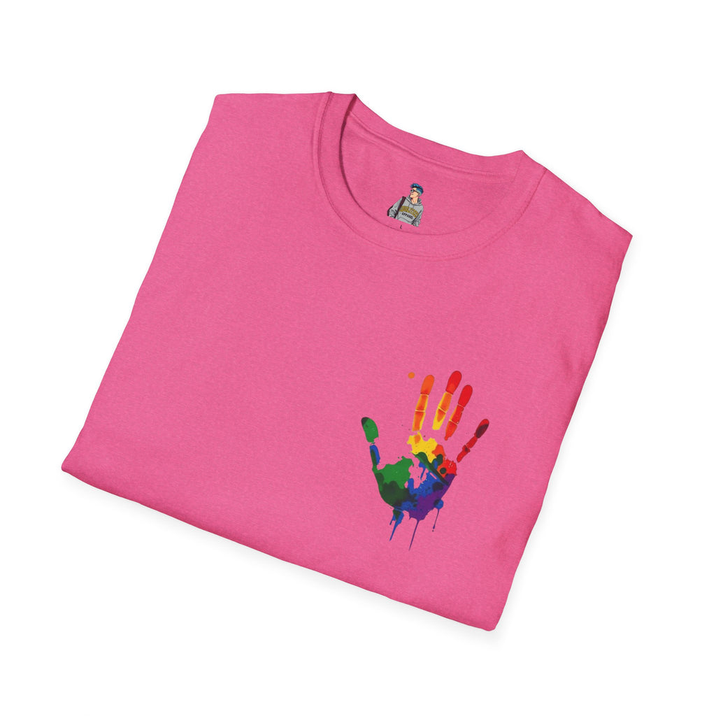 Inclusive Art Unisex Softstyle T-Shirt – ‘ Rainbow Handprint We All Belong’