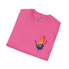 Inclusive Art Unisex Softstyle T-Shirt – ‘ Rainbow Handprint We All Belong’