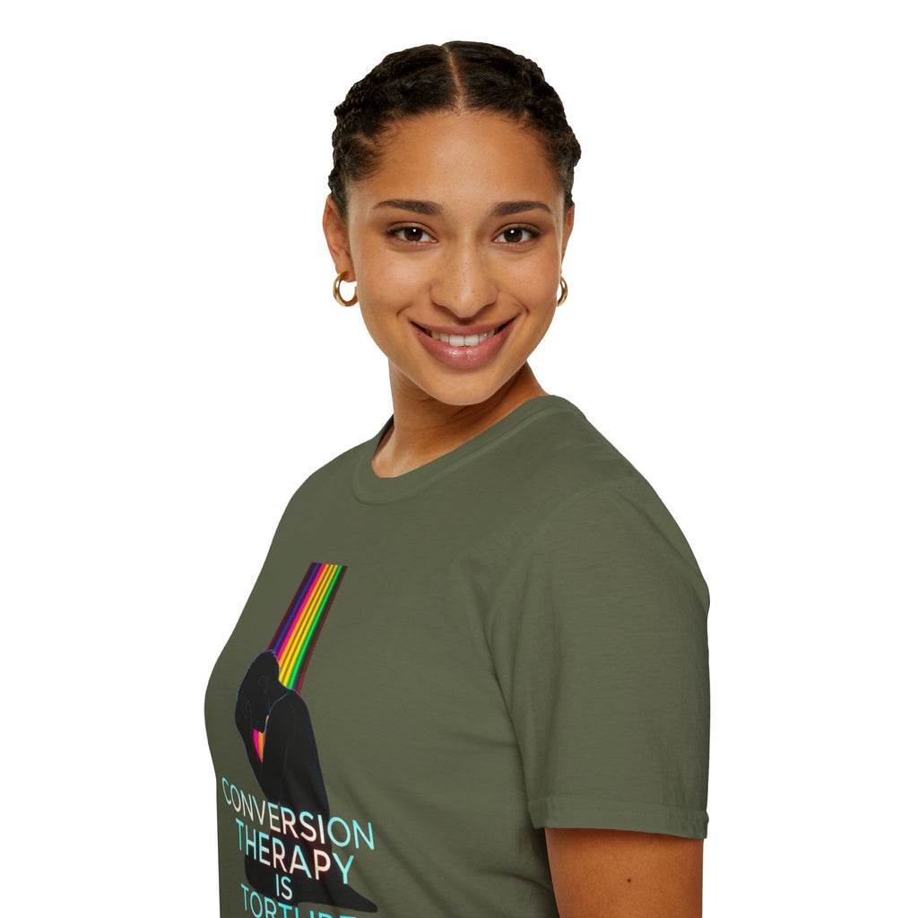 Unisex Softstyle T-Shirt - LGBTQ+ Empowerment T-Shirt: Conversion Therapy is Torture & We All Belong