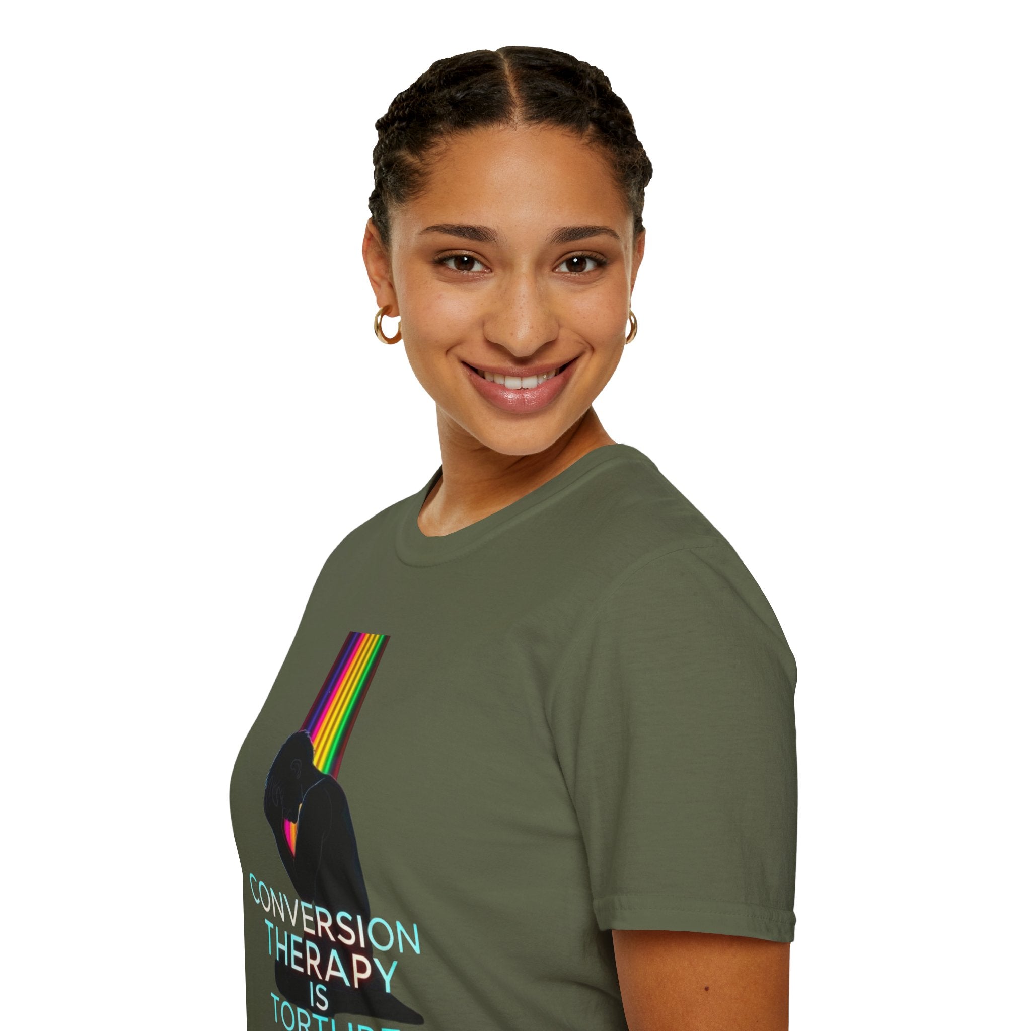 Unisex Softstyle T-Shirt - LGBTQ+ Empowerment T-Shirt: Conversion Therapy is Torture & We All Belong