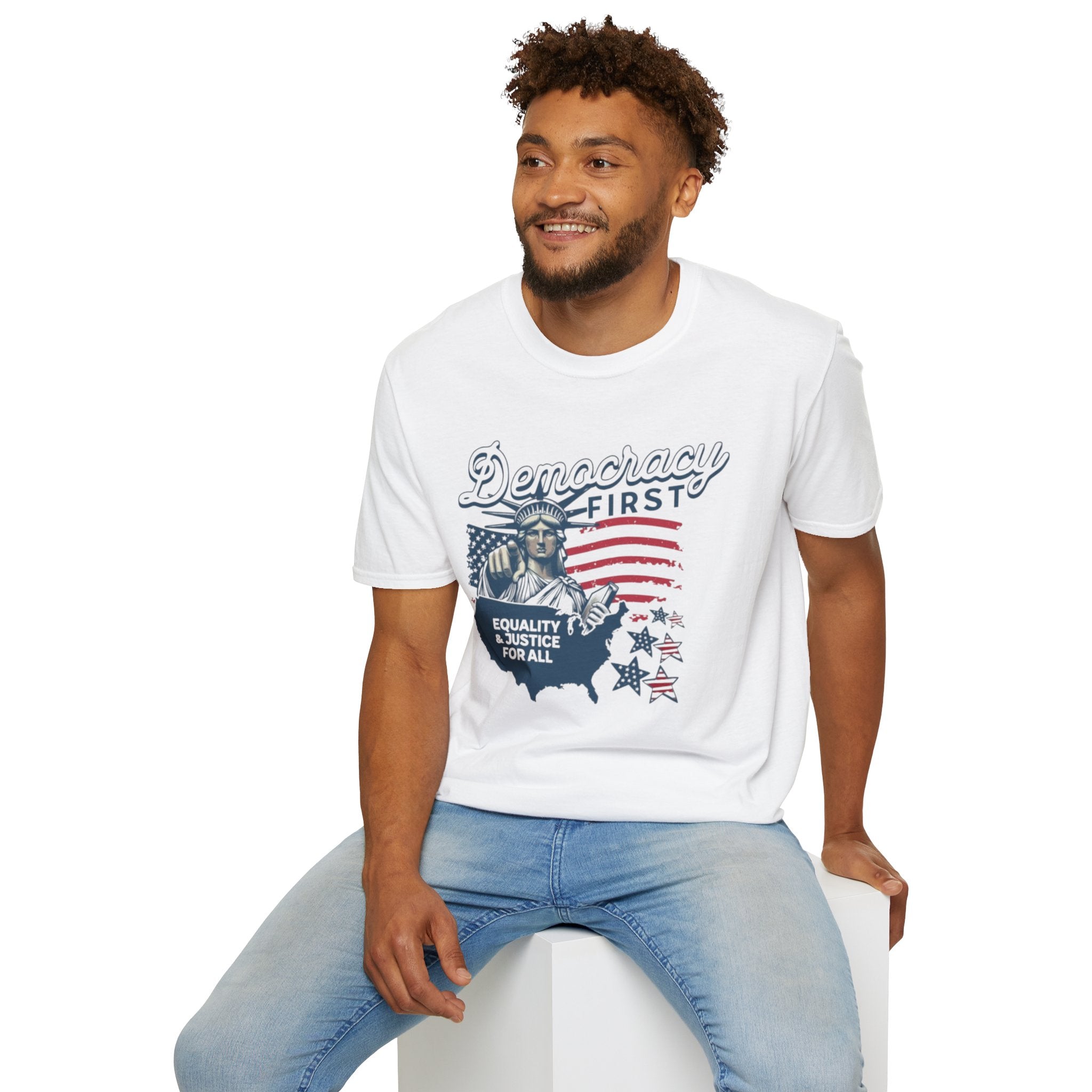 Democracy First T-Shirt | Unisex Softstyle Tee for Equality & Justice