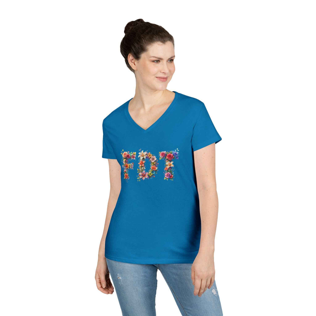 Floral Initials 'FDT' Ladies' V-Neck Tee — Colorful Botanical Monogram Shirt