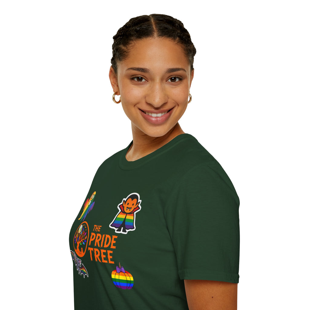 The Pride Tree Halloween T‑Shirt — Rainbow Ghosts, Pumpkins & Bat Graphic Tee