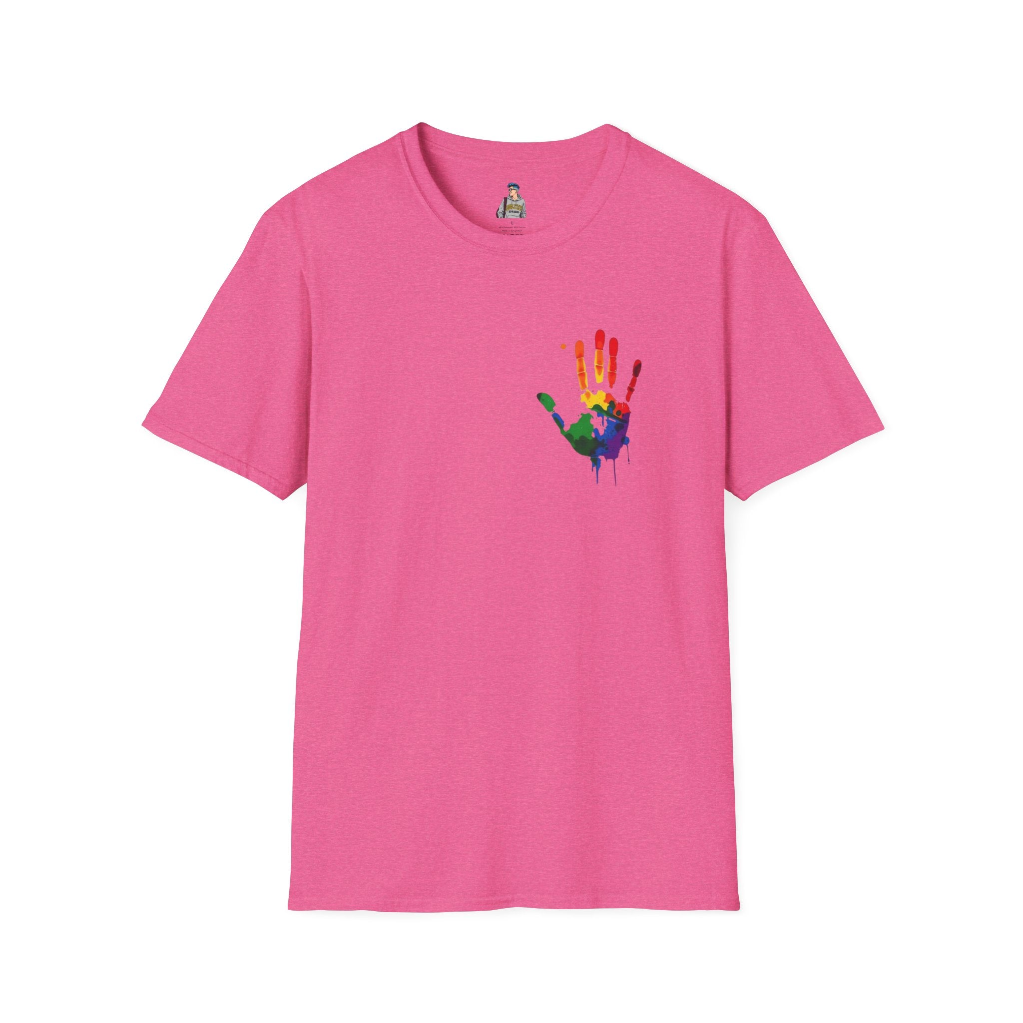 Inclusive Art Unisex Softstyle T-Shirt – ‘ Rainbow Handprint We All Belong’