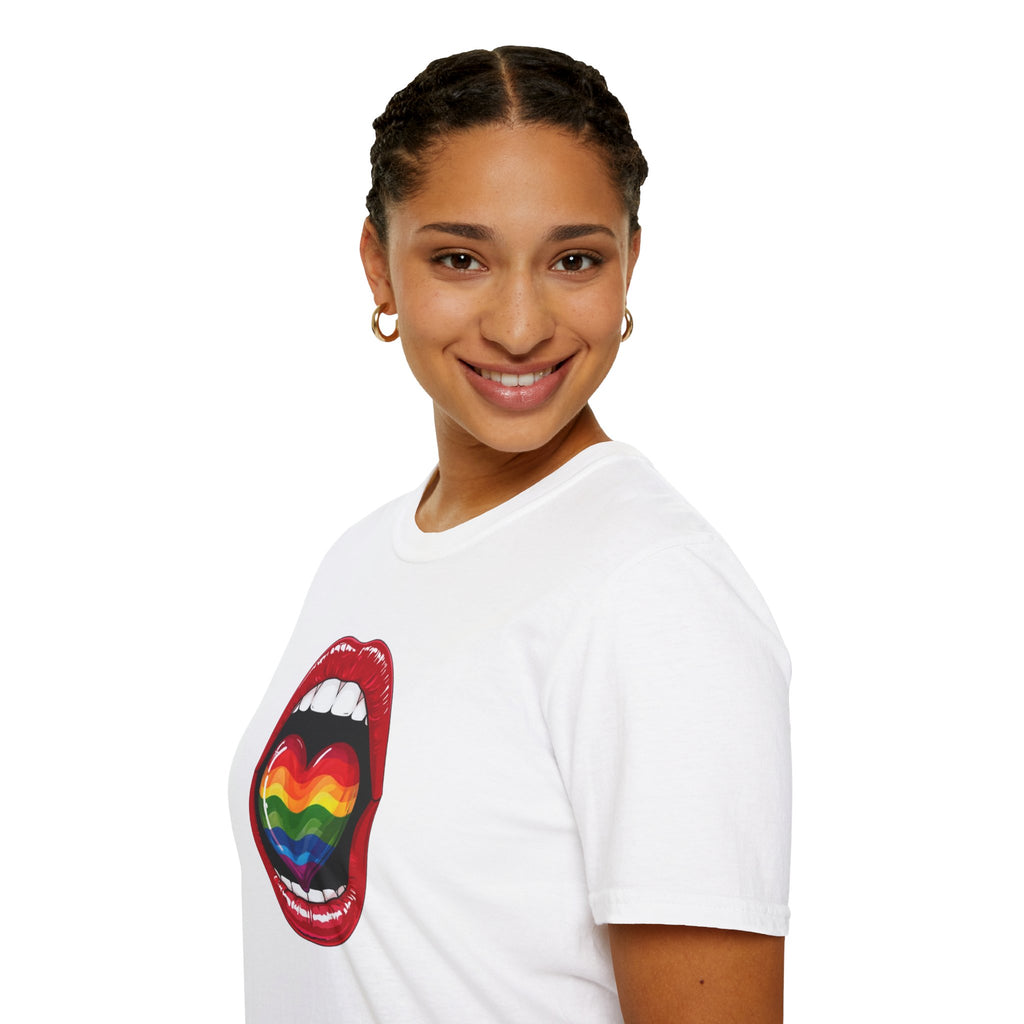 Pride Love Unisex Softstyle T-Shirt | LGBTQ+ Rainbow Heart Design