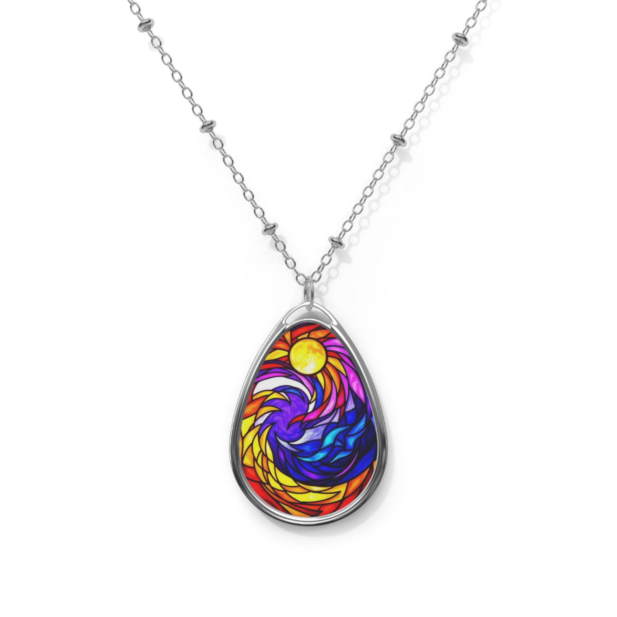 Stained Glass Moon & Waves Oval Necklace