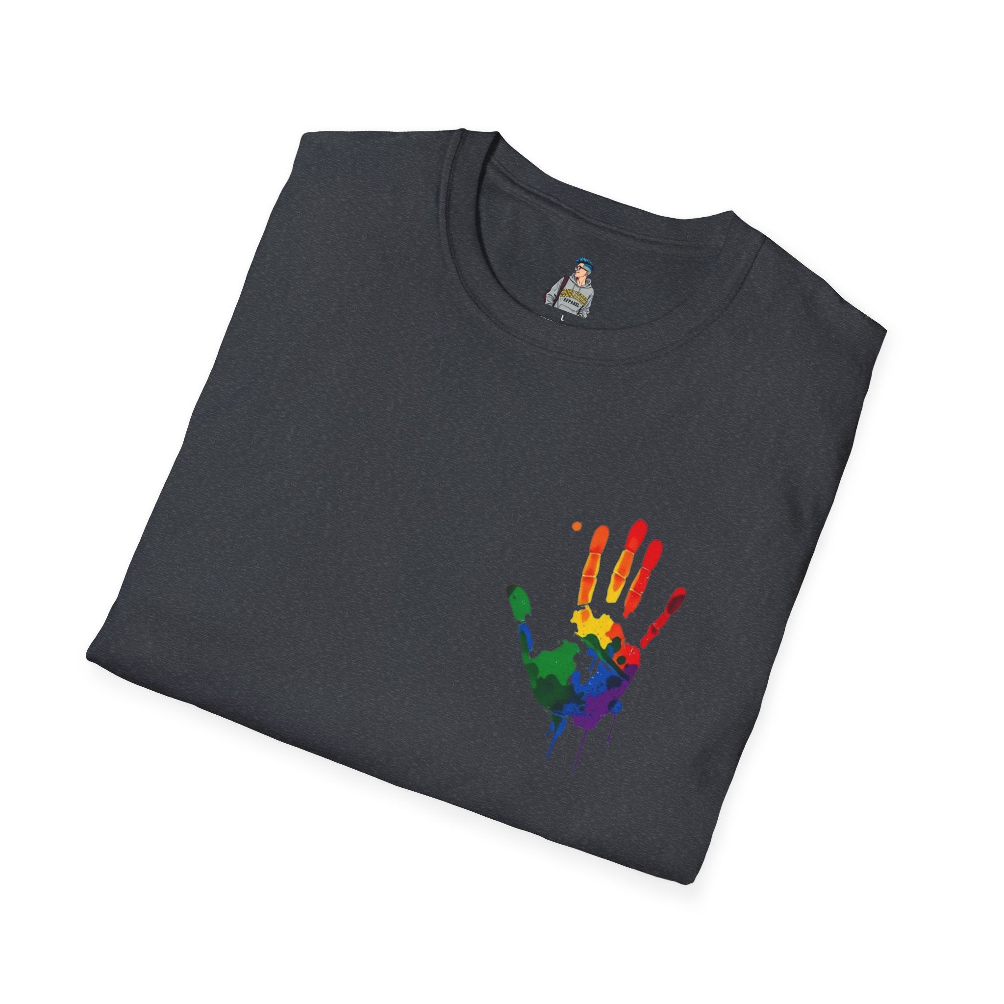 Inclusive Art Unisex Softstyle T-Shirt – ‘ Rainbow Handprint We All Belong’