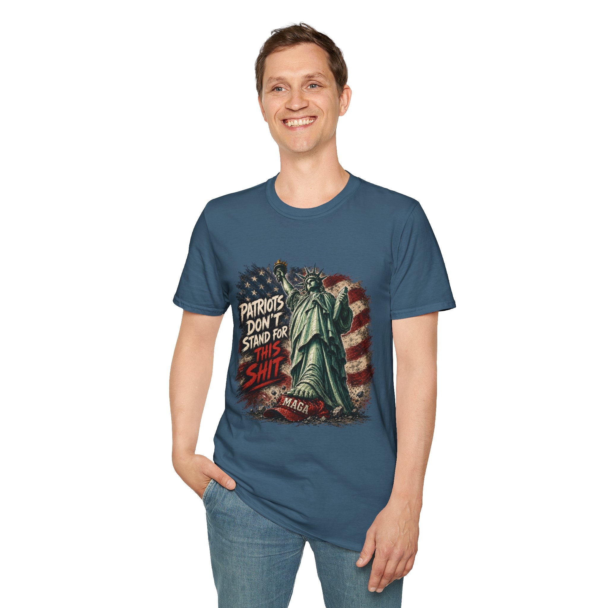 Patriots Don’t Stand For This T-Shirt — Statue of Liberty & Distressed Flag Graphic
