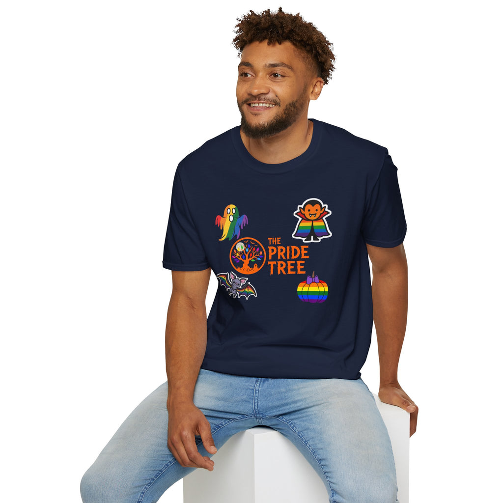 The Pride Tree Halloween T‑Shirt — Rainbow Ghosts, Pumpkins & Bat Graphic Tee