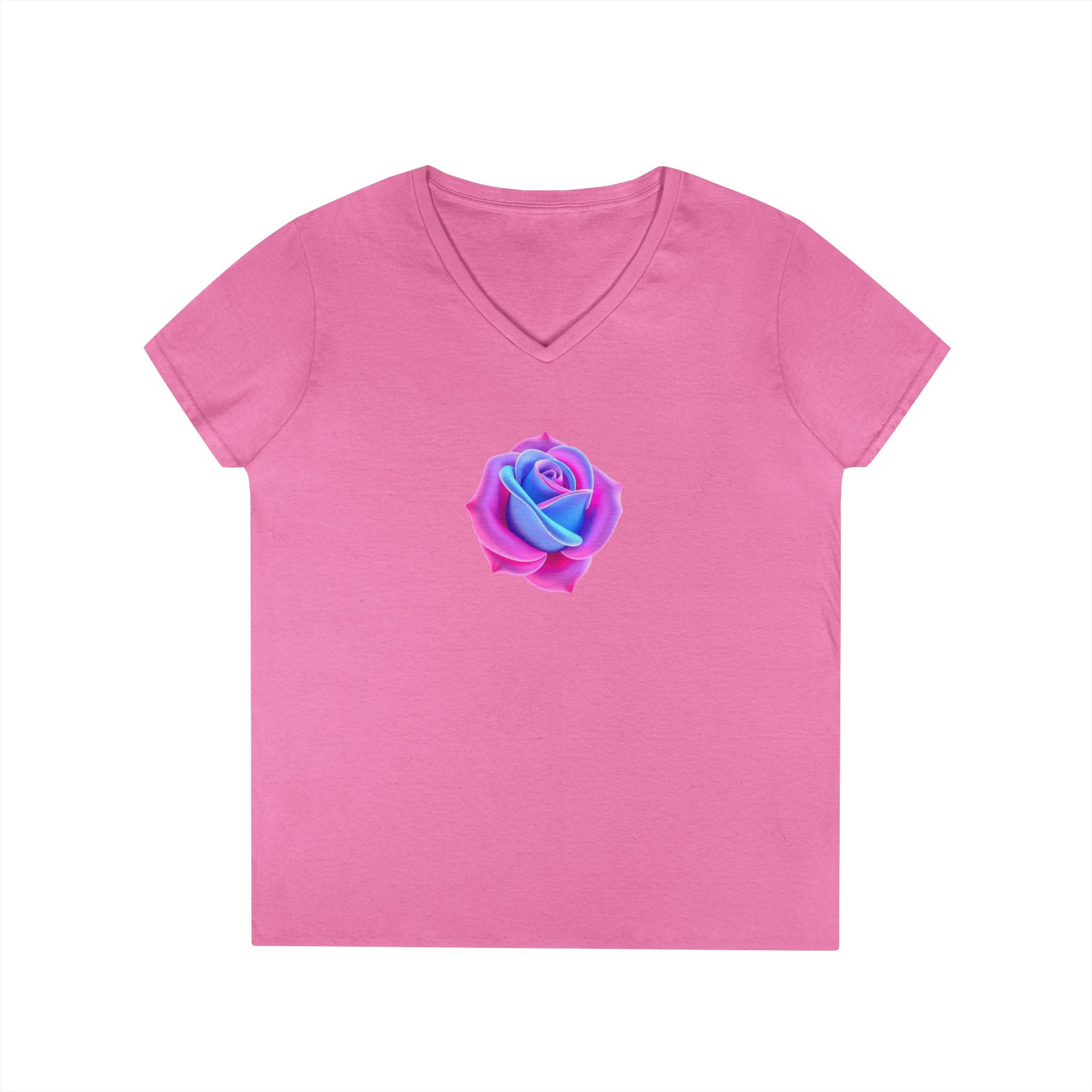 Ladies' V-Neck T-Shirt with Vibrant Trans Colors Rose Design - Perfect for Casual Wear and Gifts