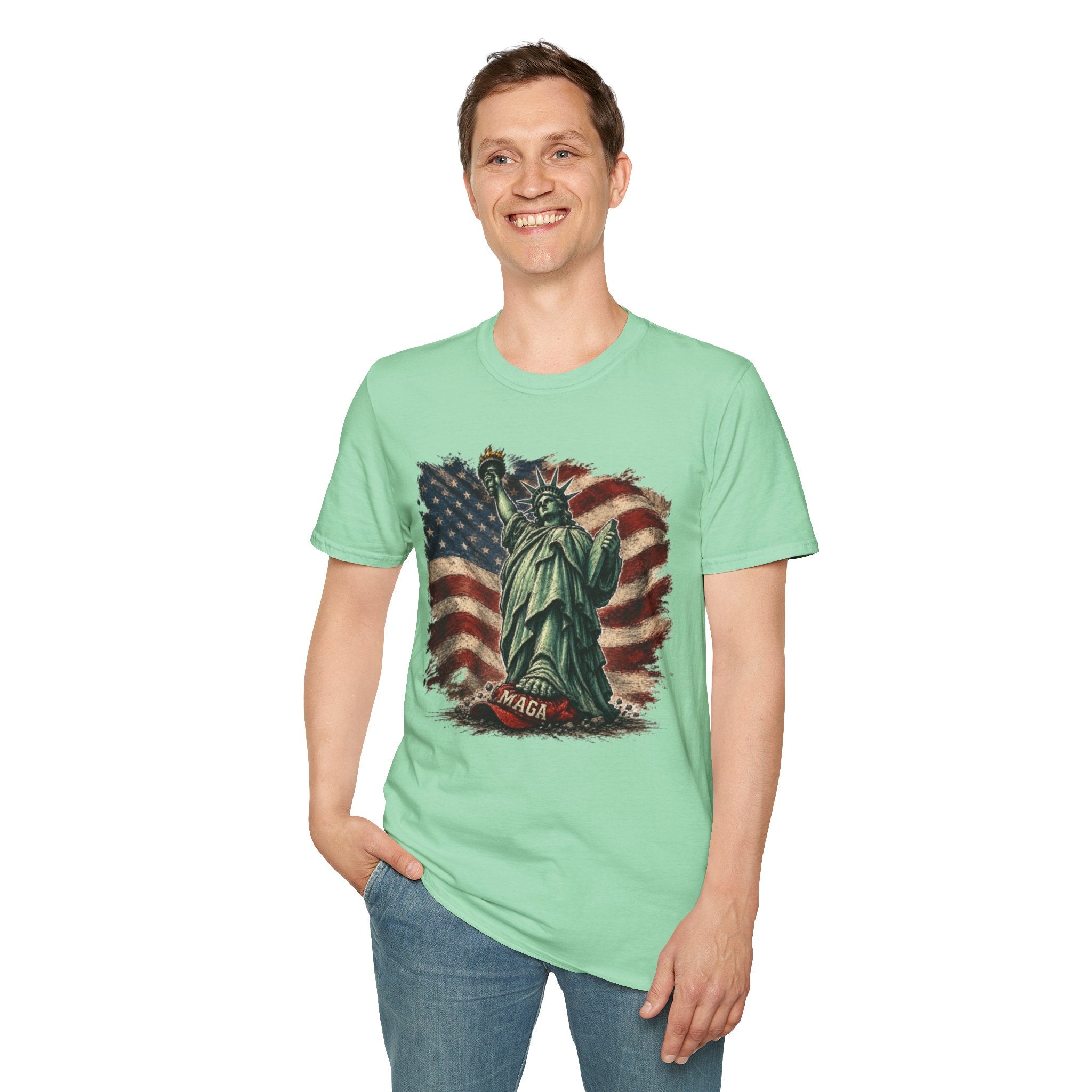 Statue of Liberty Stepping on MAGA American Flag T-Shirt — Patriotic USA Independence Day Tee