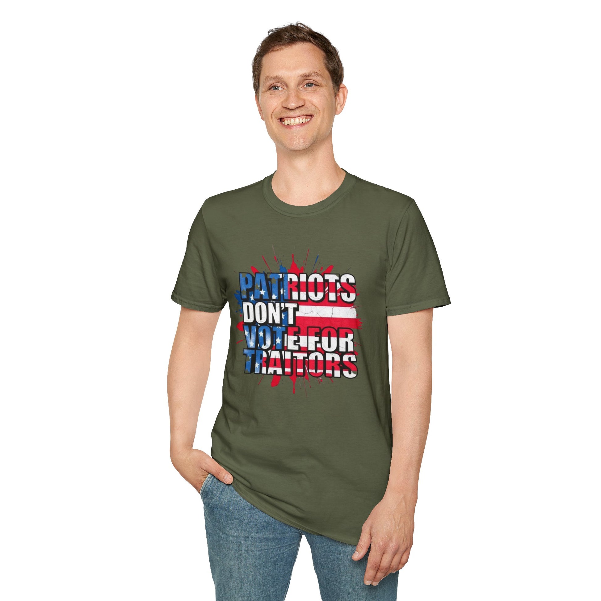 Unisex Softstyle T-Shirt - 'Patriots Don't Vote for Traitors' with USA Flag Design