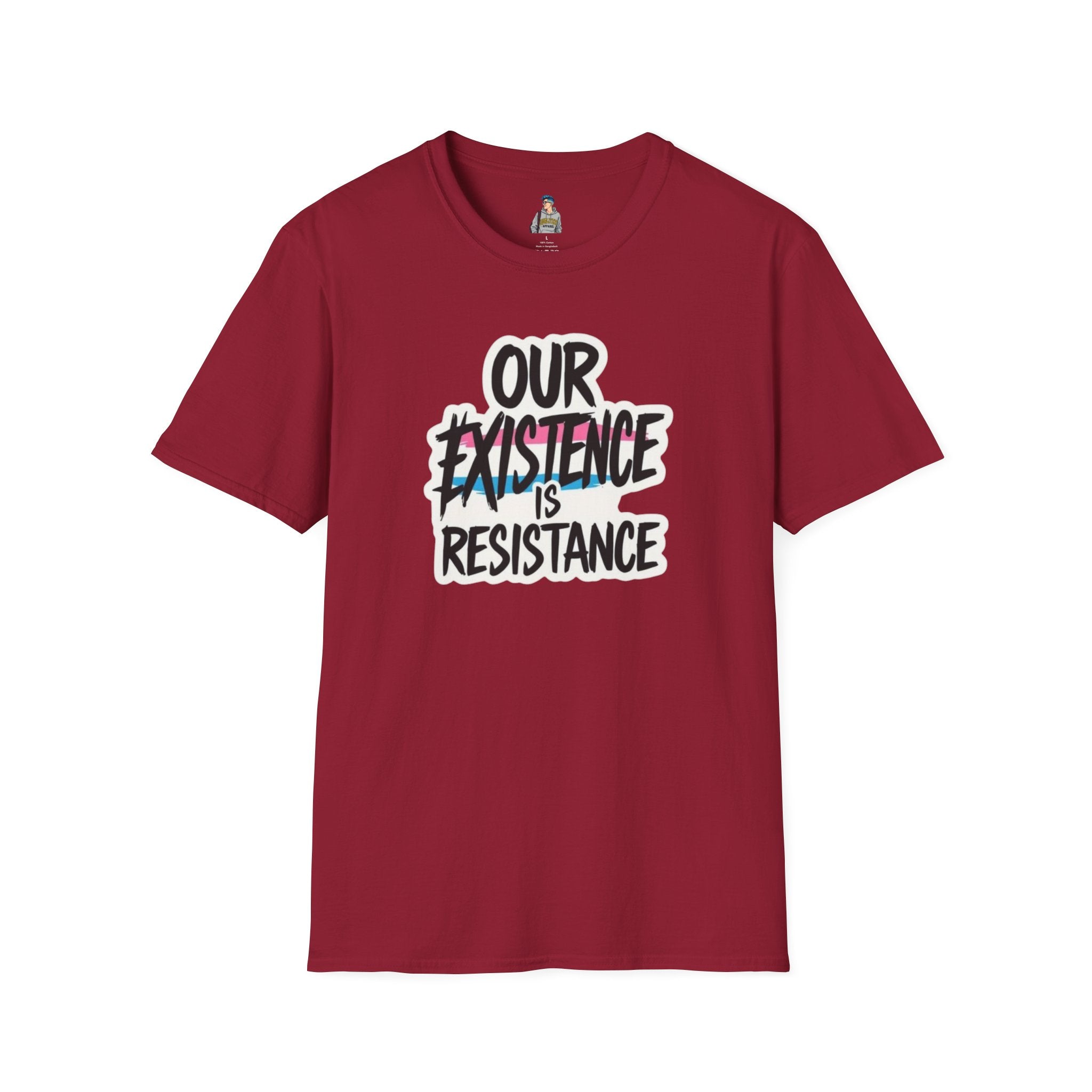 Our Existence is Resistance Trans Pride Unisex Softstyle T-Shirt - Empowering Statement Tee for Activists and Advocates