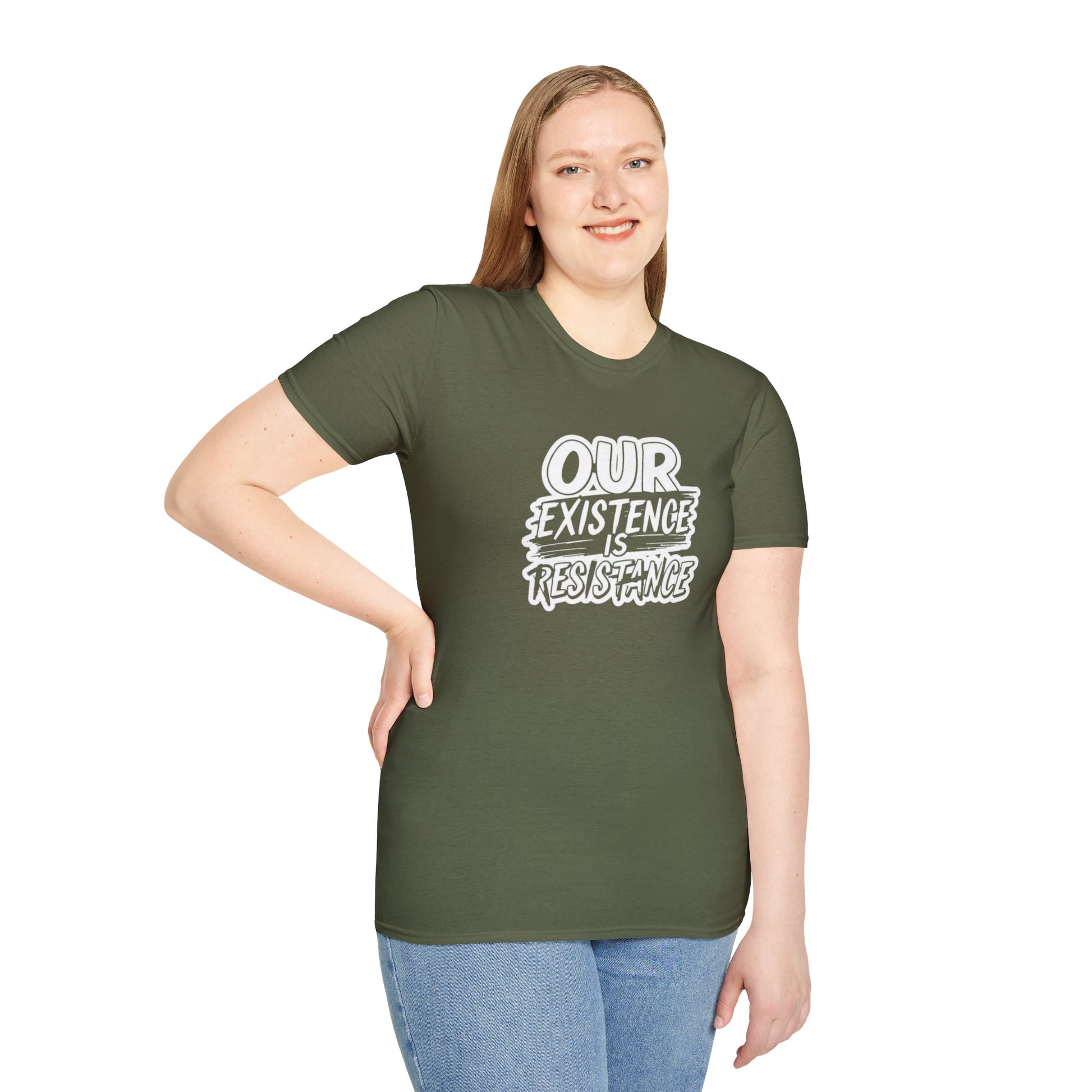 Unisex Softstyle T-Shirt - "Our Existence is Resistance" - Motivational Tee for Activists, Casual Wear, Gift for Change-makers