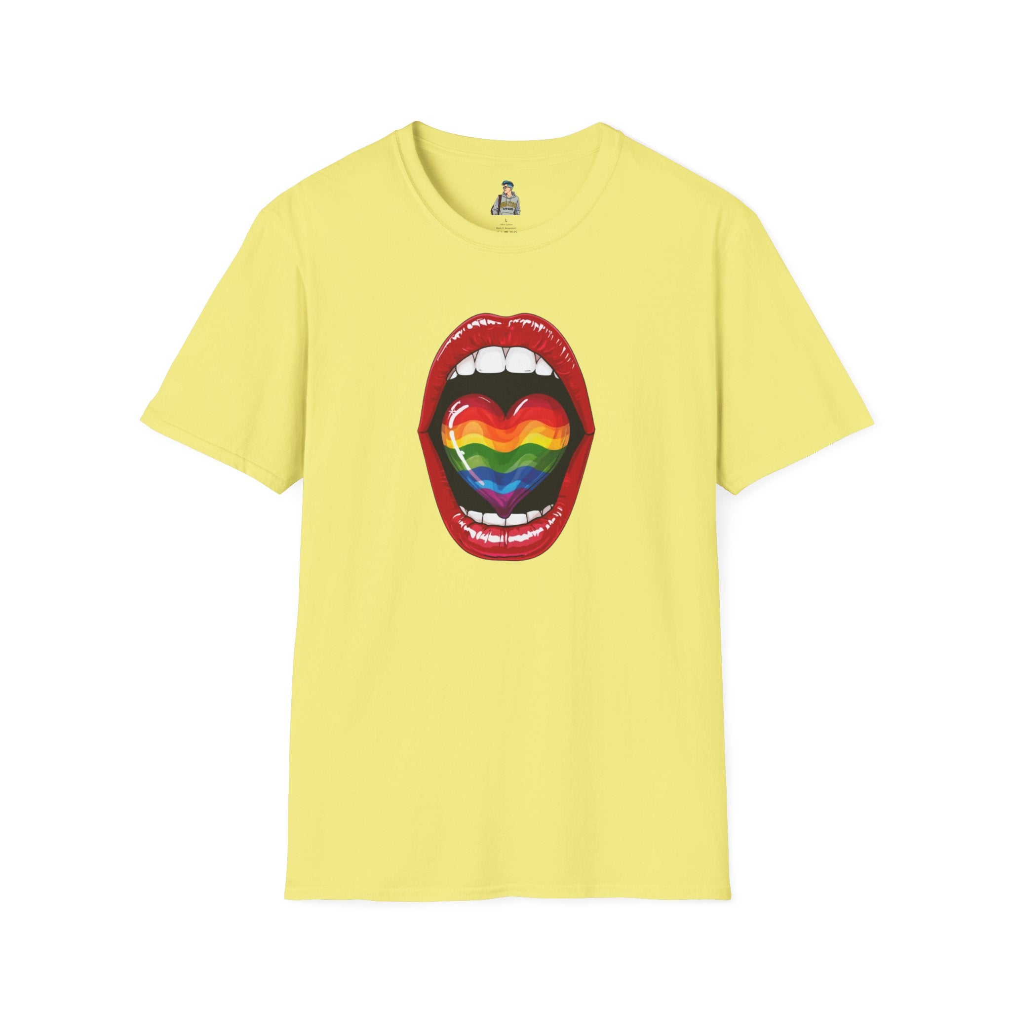 Pride Love Unisex Softstyle T-Shirt | LGBTQ+ Rainbow Heart Design