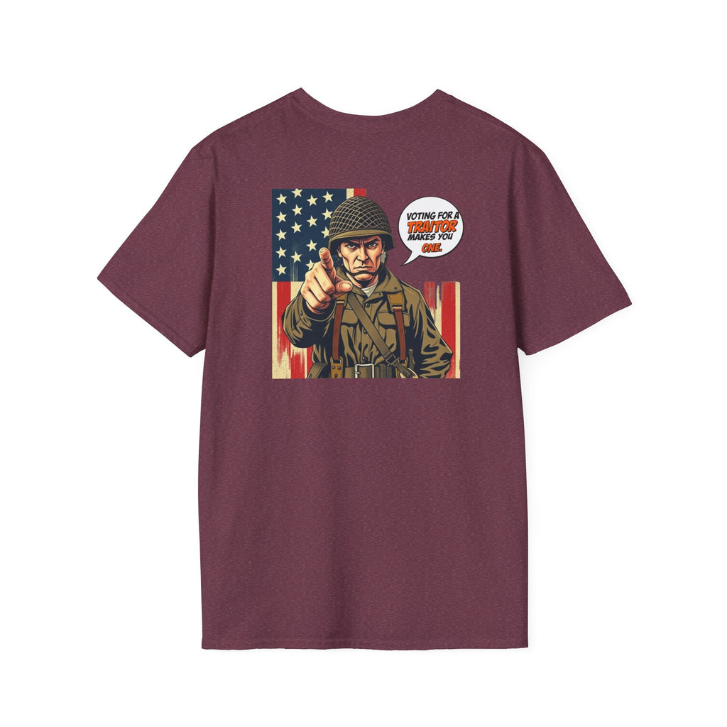 Patriotic Anti-Fascism T-Shirt - Voting for a Traitor Makes You One - Unisex Softstyle T-shirt