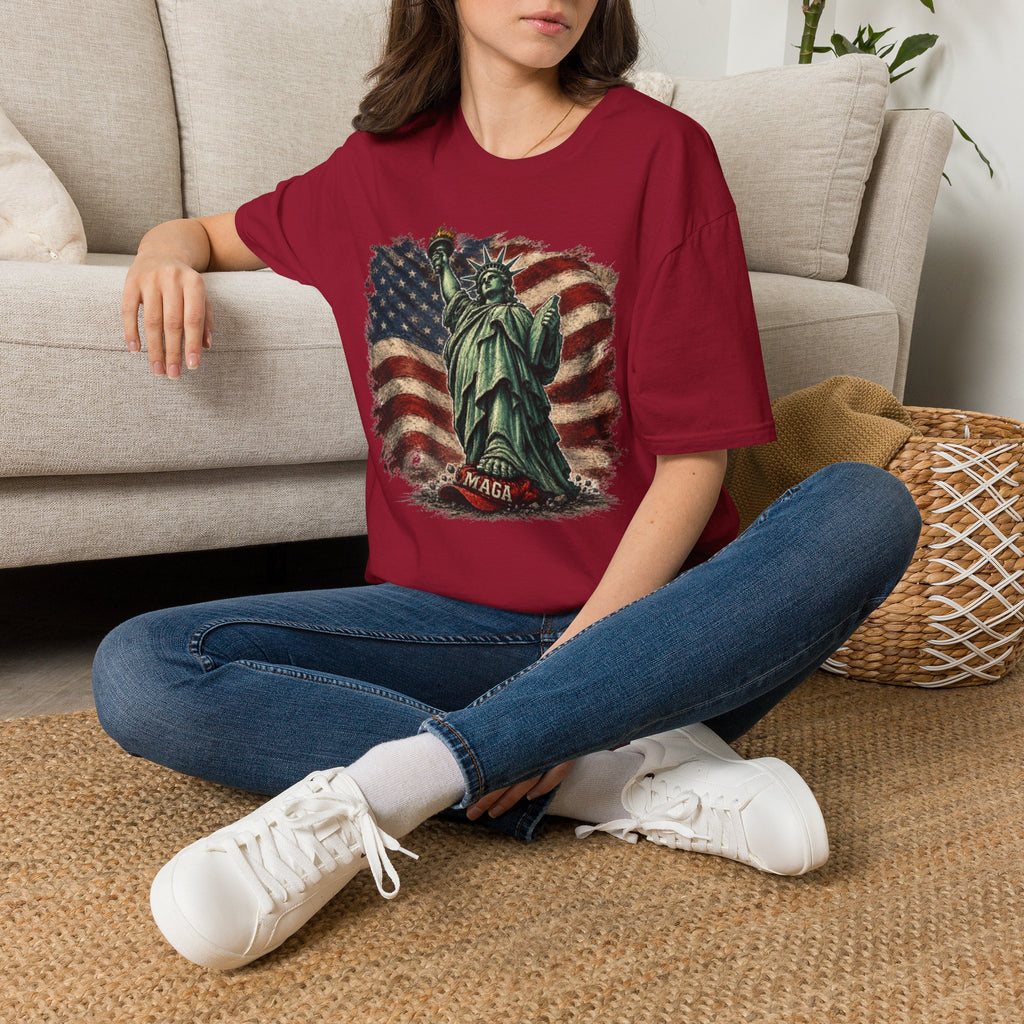 Statue of Liberty Stepping on MAGA American Flag T-Shirt — Patriotic USA Independence Day Tee