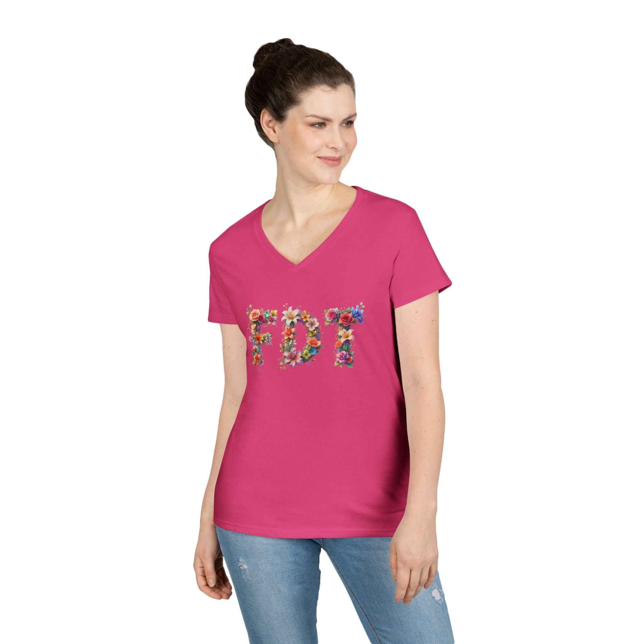 Floral Initials 'FDT' Ladies' V-Neck Tee — Colorful Botanical Monogram Shirt