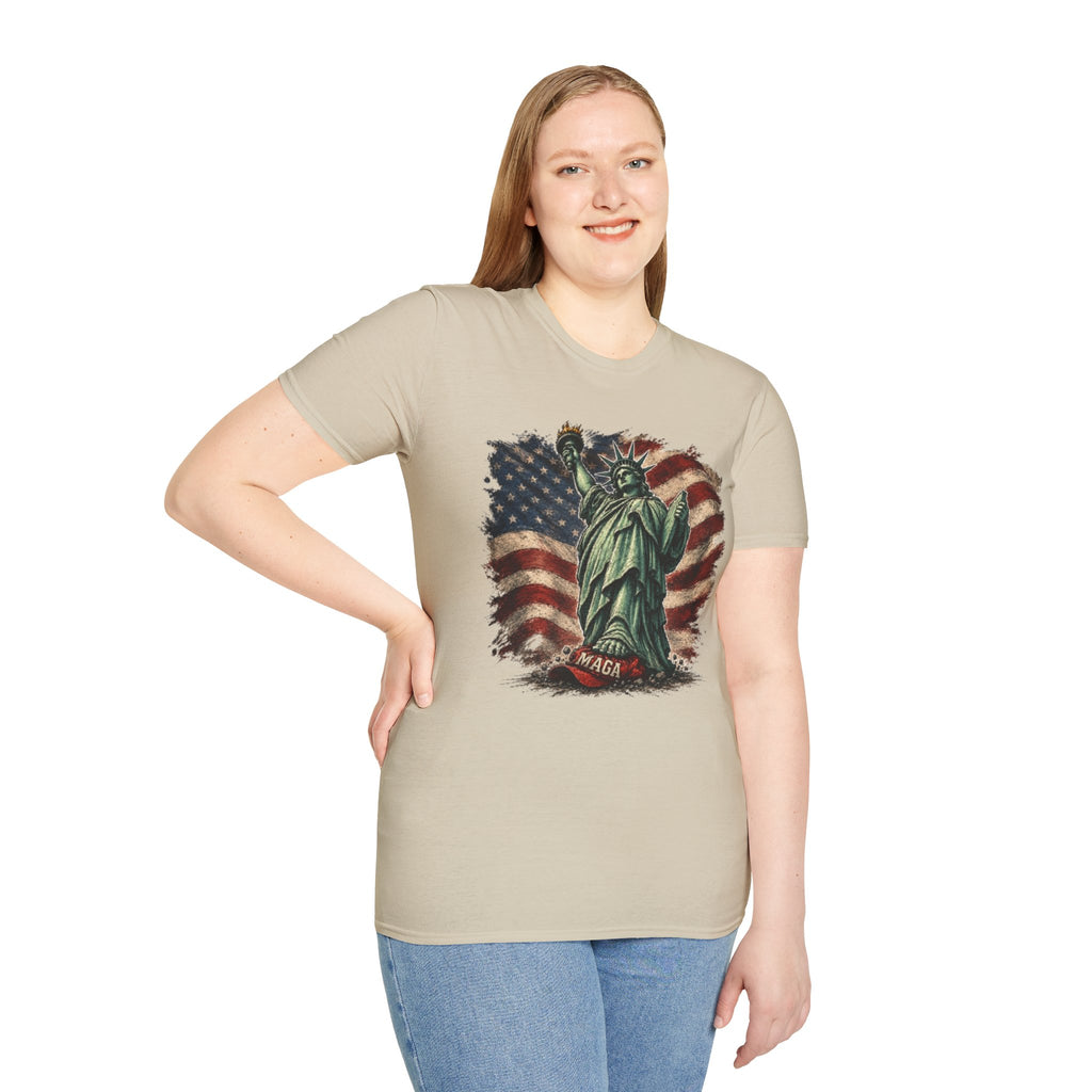 Statue of Liberty Stepping on MAGA American Flag T-Shirt — Patriotic USA Independence Day Tee