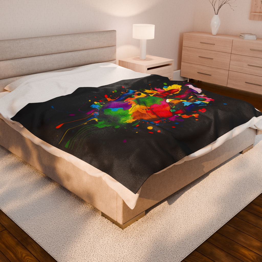 Rainbow Splash Handprint Black Background Velveteen Plush Blanket