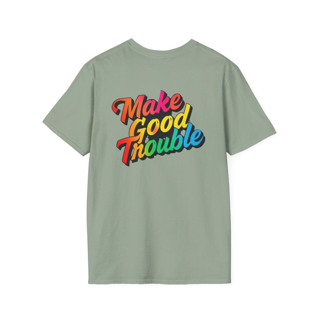 Inspirational Unisex Softstyle T-Shirt - 'Make Good Trouble' Rainbow Statement Tee