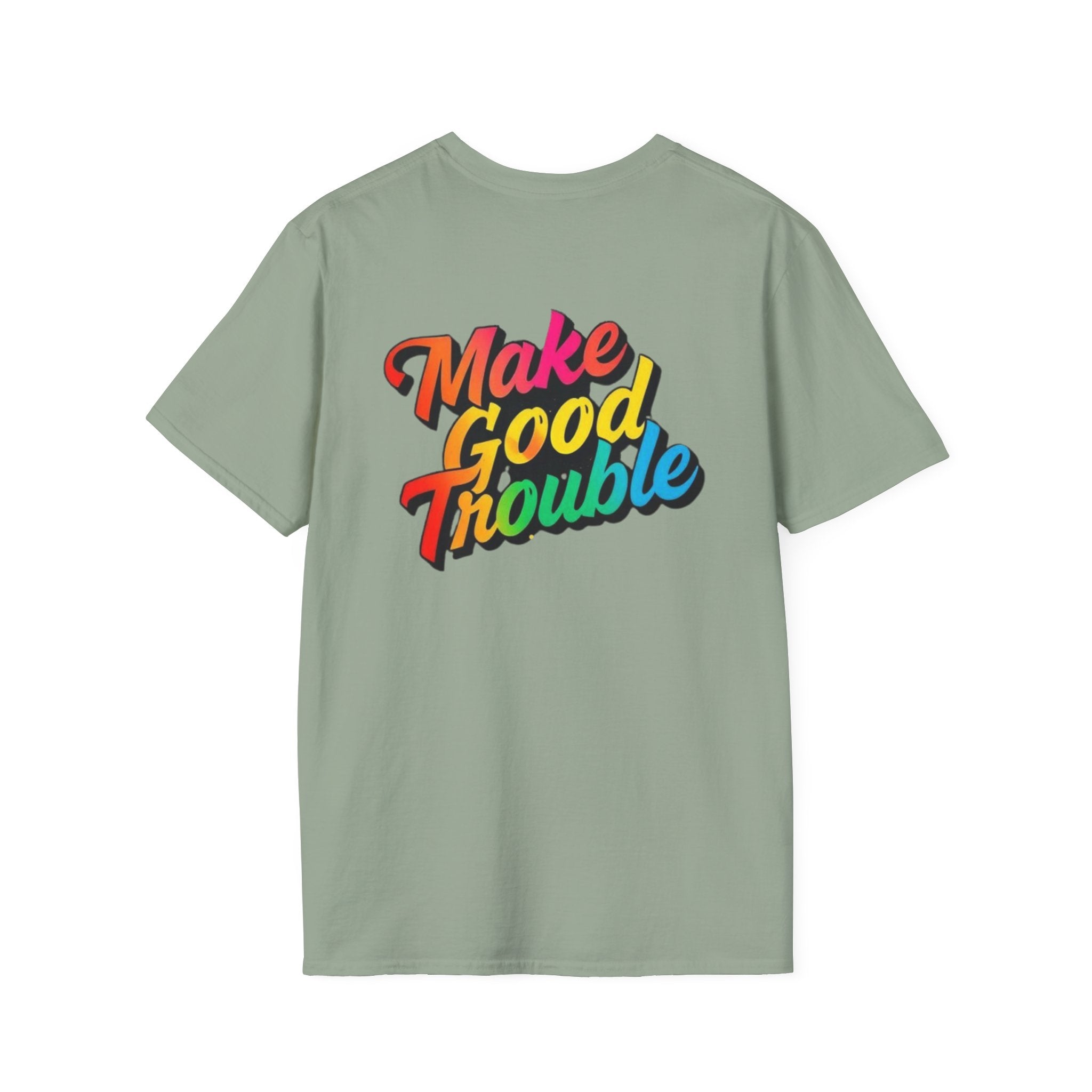 Inspirational Unisex Softstyle T-Shirt - 'Make Good Trouble' Rainbow Statement Tee