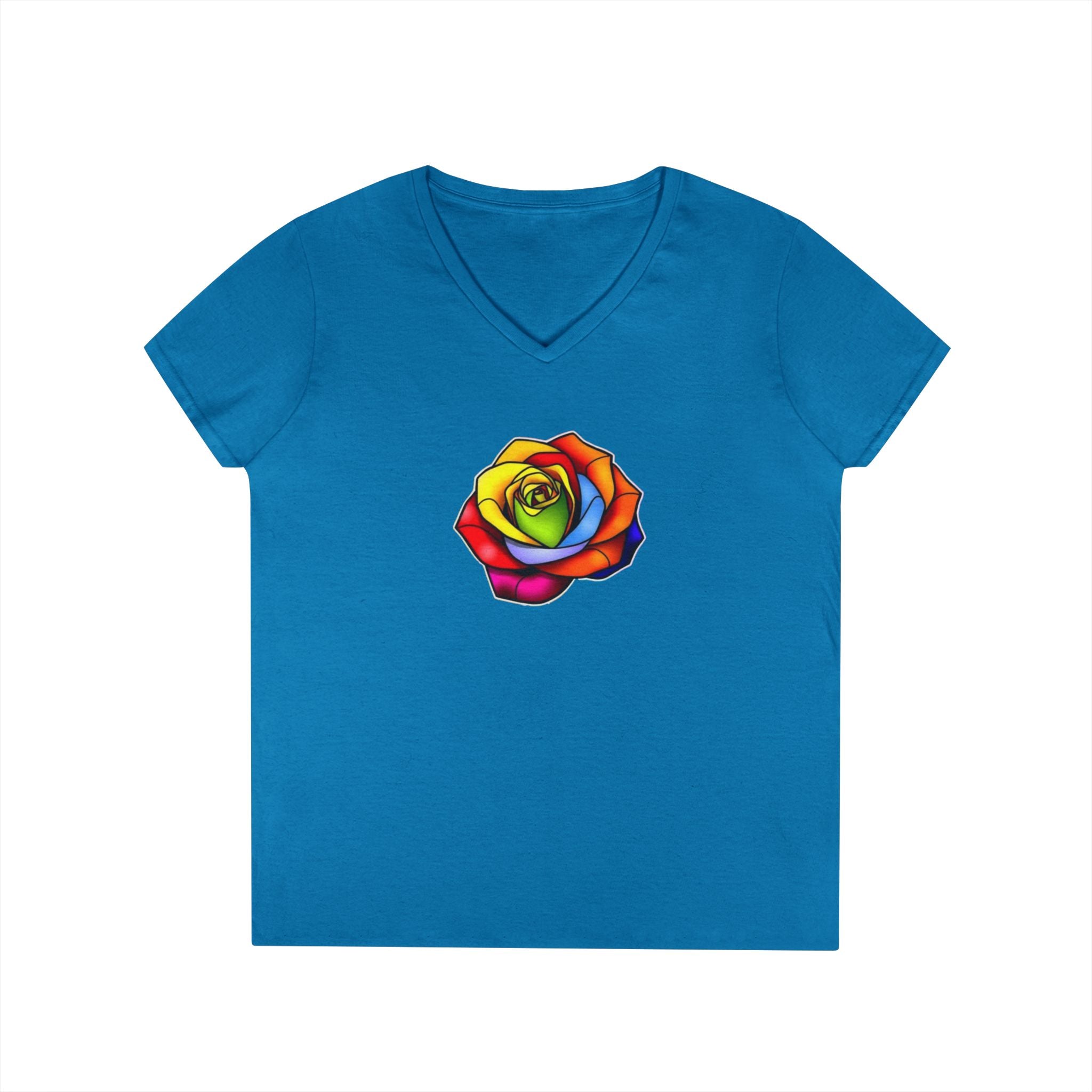 Rainbow Rose Ladies' V-Neck T-Shirt - Colorful Floral Design