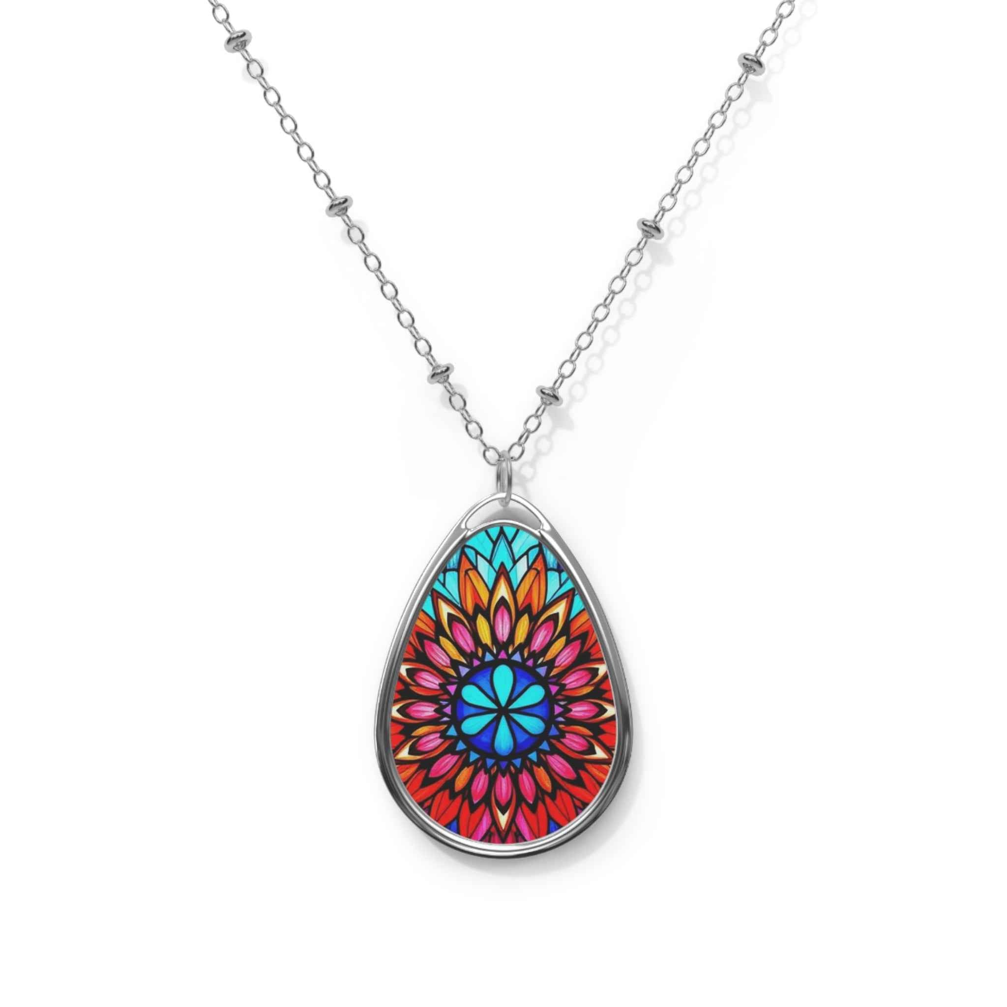 Oval Pendant Necklace — Colorful Mandala Teardrop