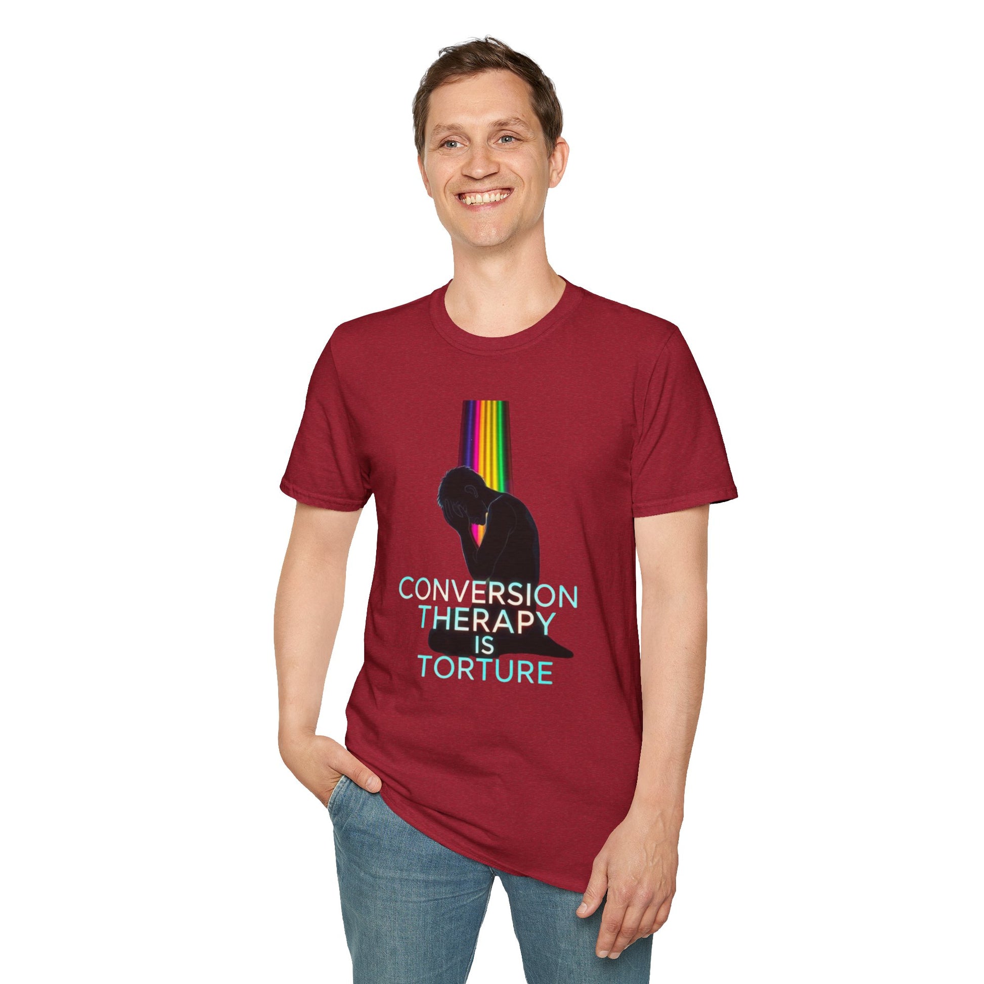 Unisex Softstyle T-Shirt: "Conversion Therapy is Torture" & "We All Belong" - LGBTQ+ Empowerment Tee