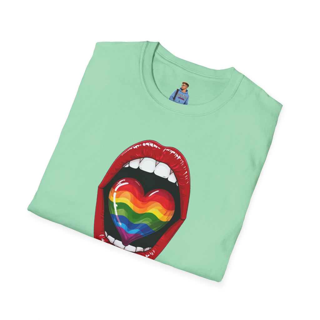 Pride Love Unisex Softstyle T-Shirt | LGBTQ+ Rainbow Heart Design