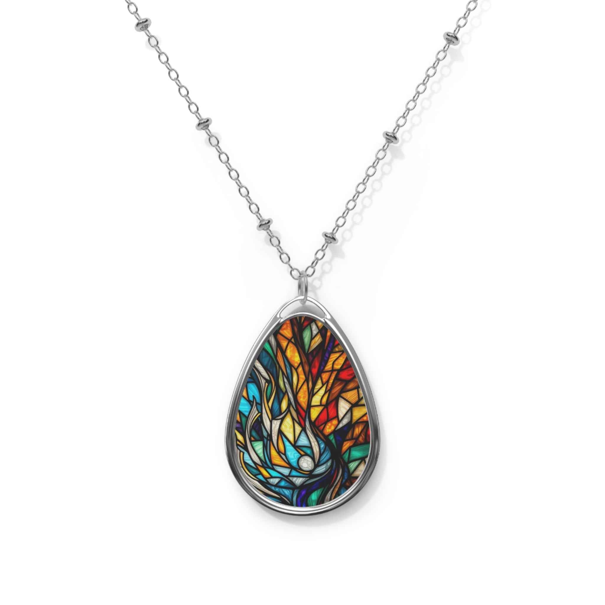 Stained Glass Tear Drop Oval Necklace — Blue Fire Pendant