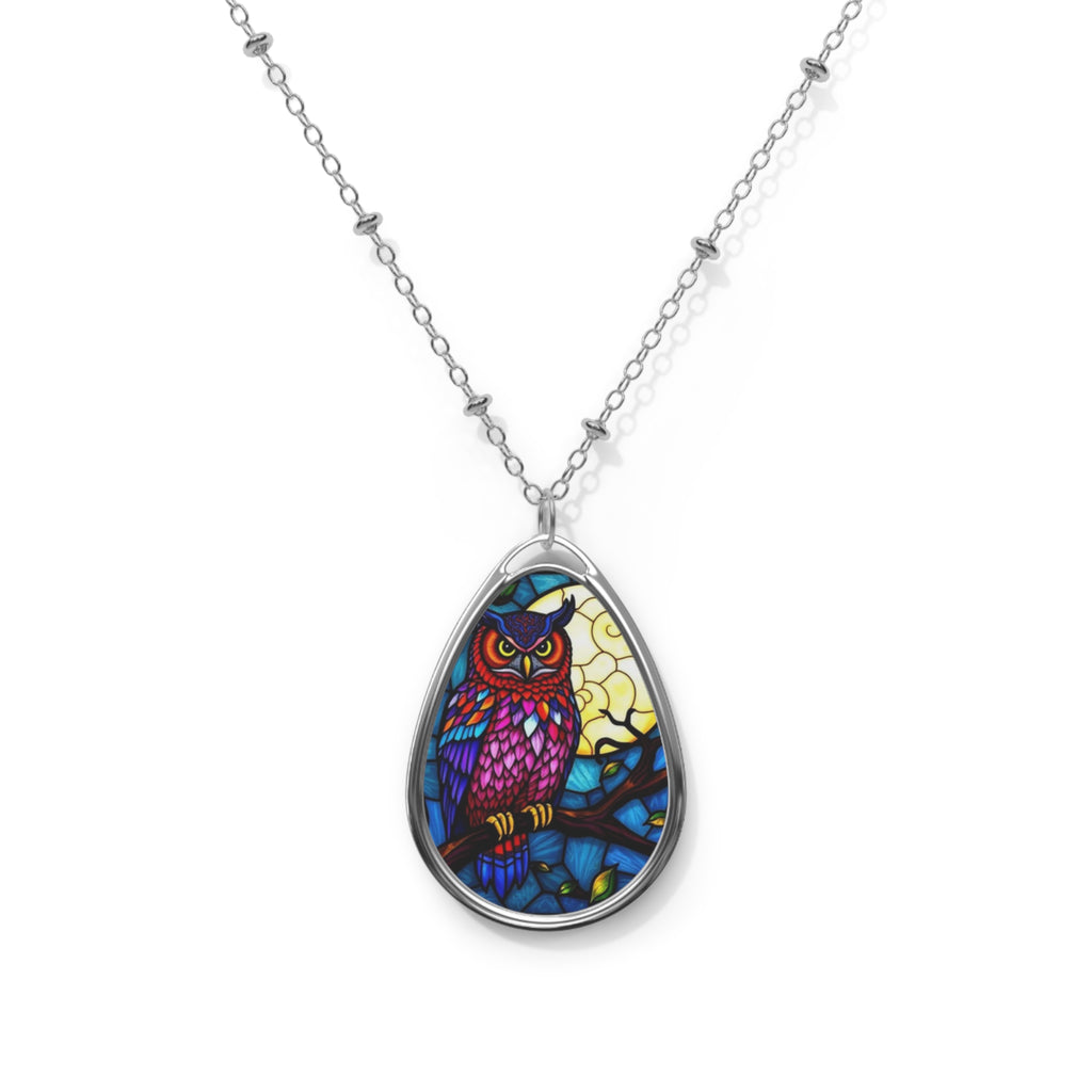 Stained Glass Owl and Moon Oval Necklace Pendant