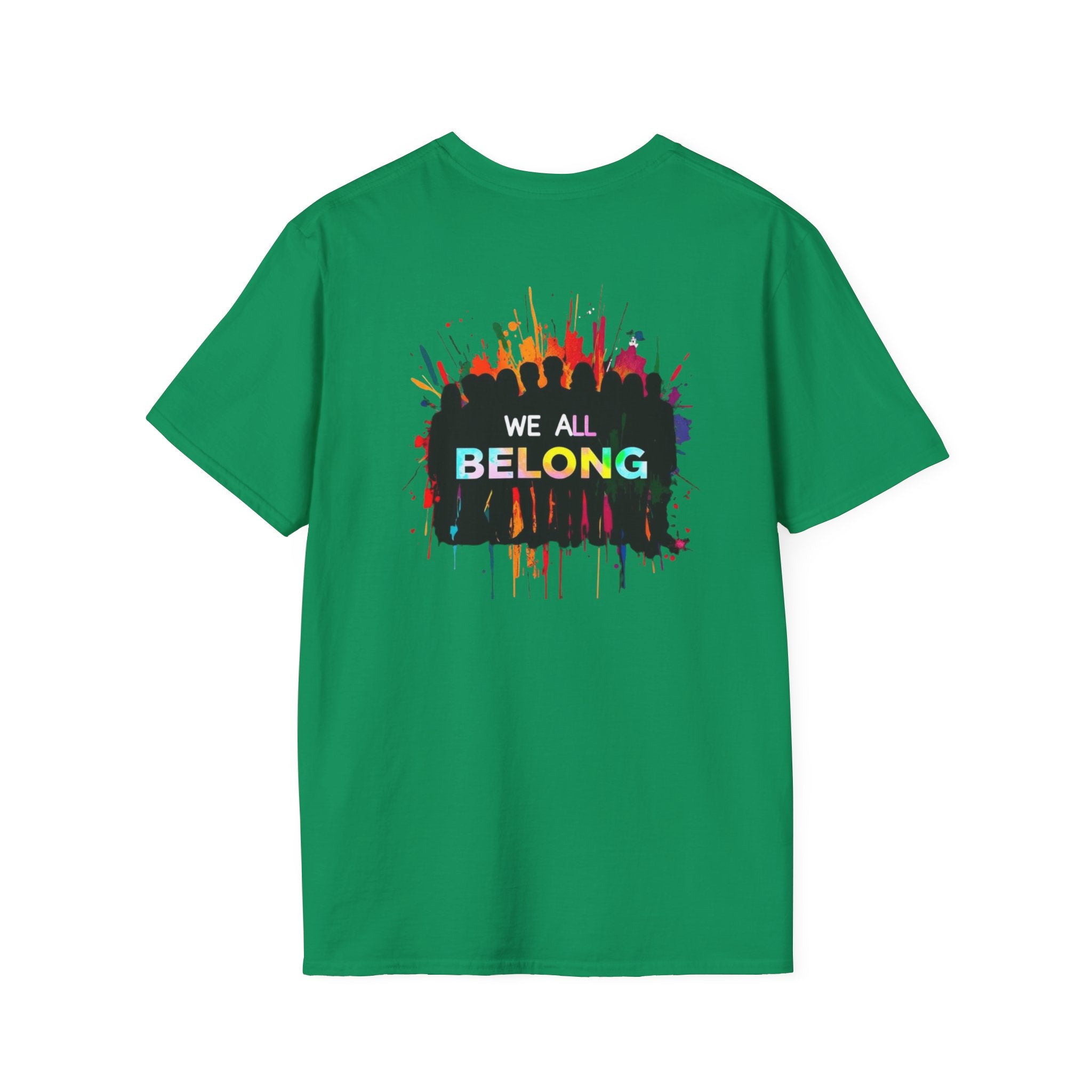 Inclusive Art Unisex Softstyle T-Shirt – ‘ Rainbow Handprint We All Belong’