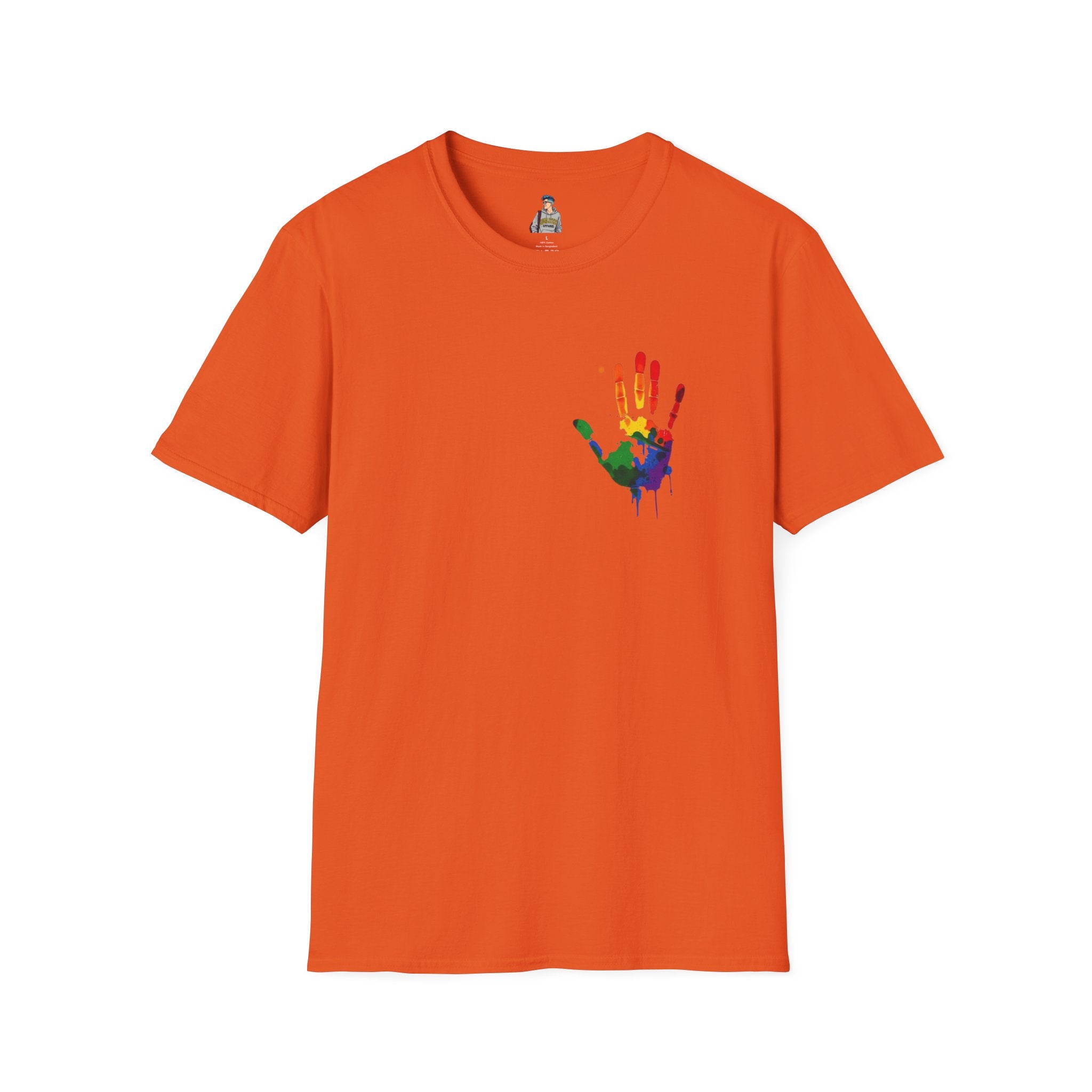 Inclusive Art Unisex Softstyle T-Shirt – ‘ Rainbow Handprint We All Belong’