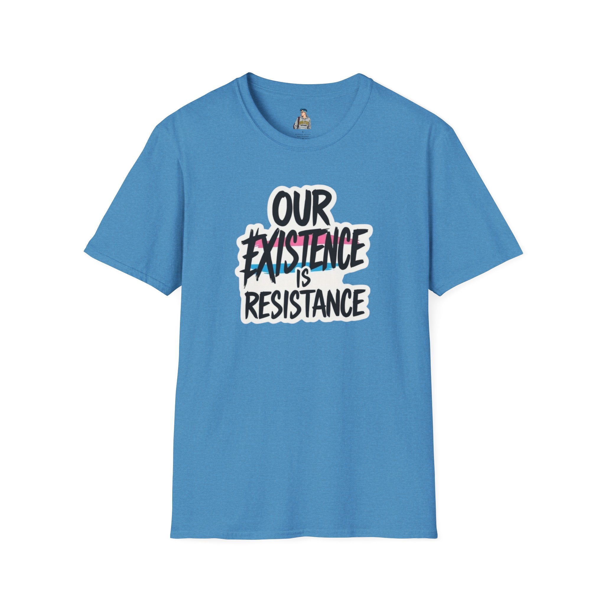 Our Existence is Resistance Trans Pride Unisex Softstyle T-Shirt - Empowering Statement Tee for Activists and Advocates
