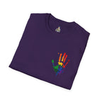 Inclusive Art Unisex Softstyle T-Shirt – ‘ Rainbow Handprint We All Belong’