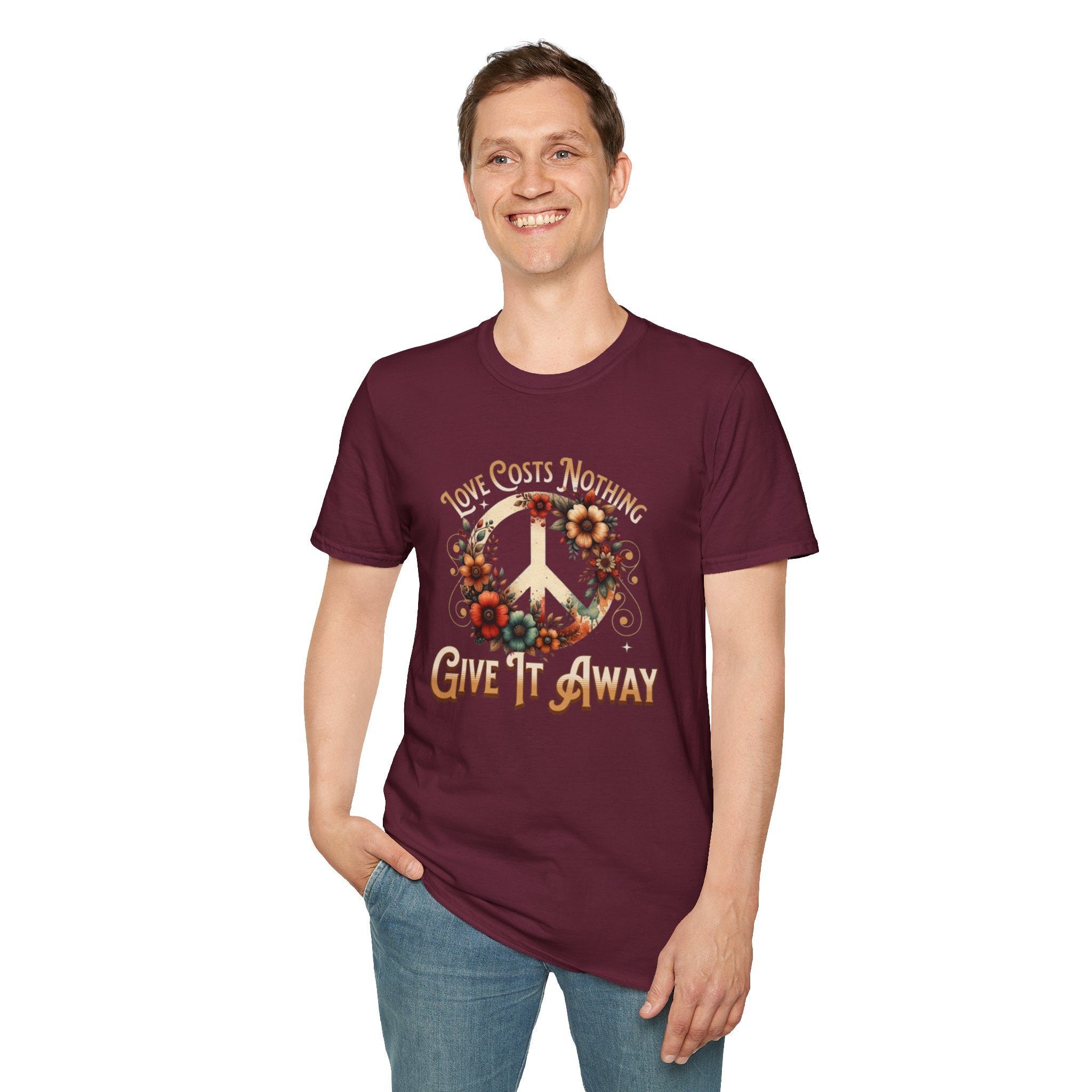 Unisex Softstyle T-Shirt - Love Costs Nothing, Give It Away Floral Peace Design