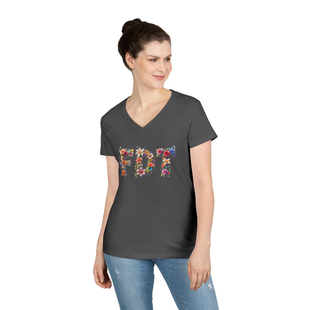 Floral Initials 'FDT' Ladies' V-Neck Tee — Colorful Botanical Monogram Shirt