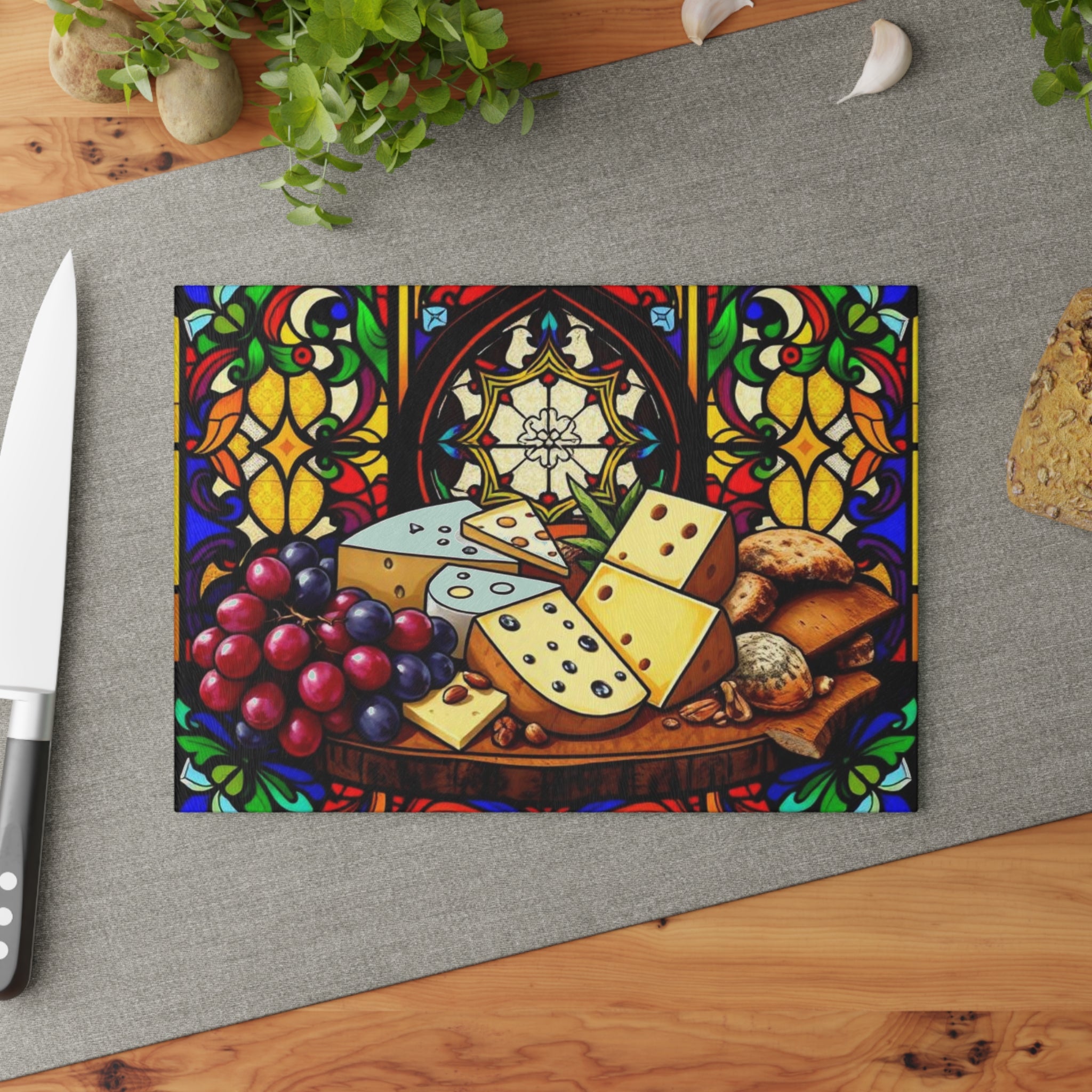 Stained Glass Cheese & Wine Cutting Board - Elegant Kitchen Decor